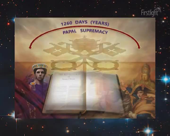 A red arrow arcs over the words "1260 DAYS (YEARS) PAPAL SUPREMACY." Below this, a large open book rests on a table, flanked by images of a man in regal attire and a figure in papal robes beside Napoleon. A red arrow arcs over the words "1260 DAYS (YEARS) PAPAL SUPREMACY." Below this, a large open book rests on a table, flanked by images of a man in regal attire and a figure in papal robes beside Napoleon.
