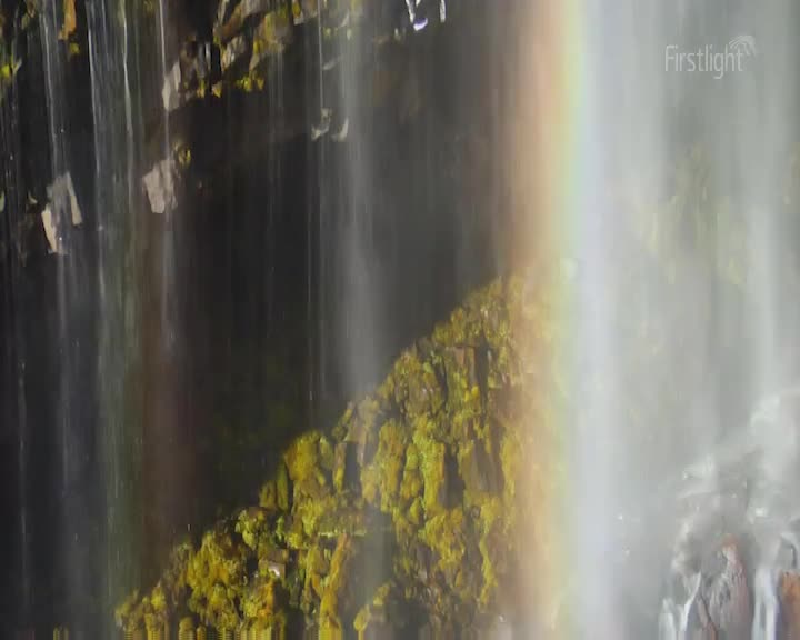Water plunges down dark, mossy rocks, catching the early morning light to create a vibrant rainbow. The spray hangs in the air, obscuring the sheer drop.