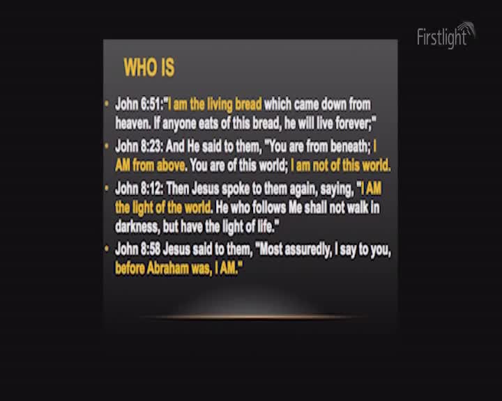 The screen displays Bible verses about Jesus' identity. The Firstlight logo is visible in the top right corner.