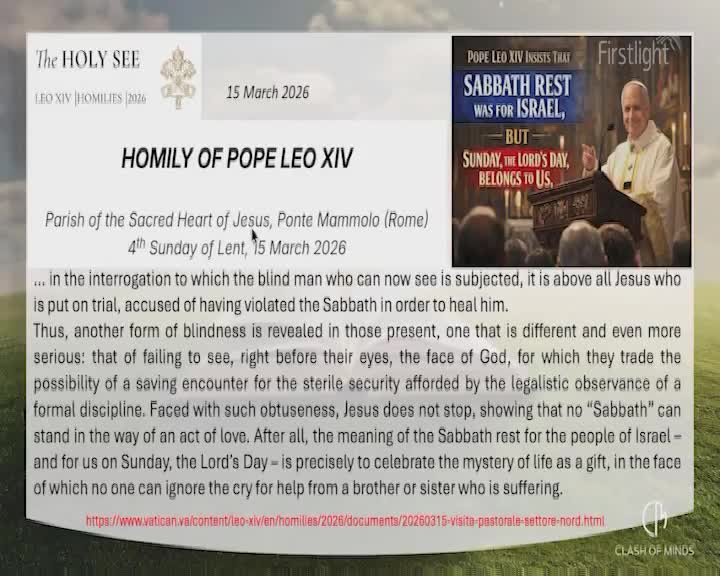 The Pope stands at a wooden lectern, addressing a congregation. A graphic overhead declares, "Sabbath Rest Was For Israel, But Sunday, The Lord's Day, Belongs To Us."