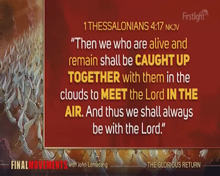A host of figures, appearing to be angels, ascend into a sky lit by a soft, early morning glow. Text on a crimson background quotes scripture, detailing a heavenly gathering.