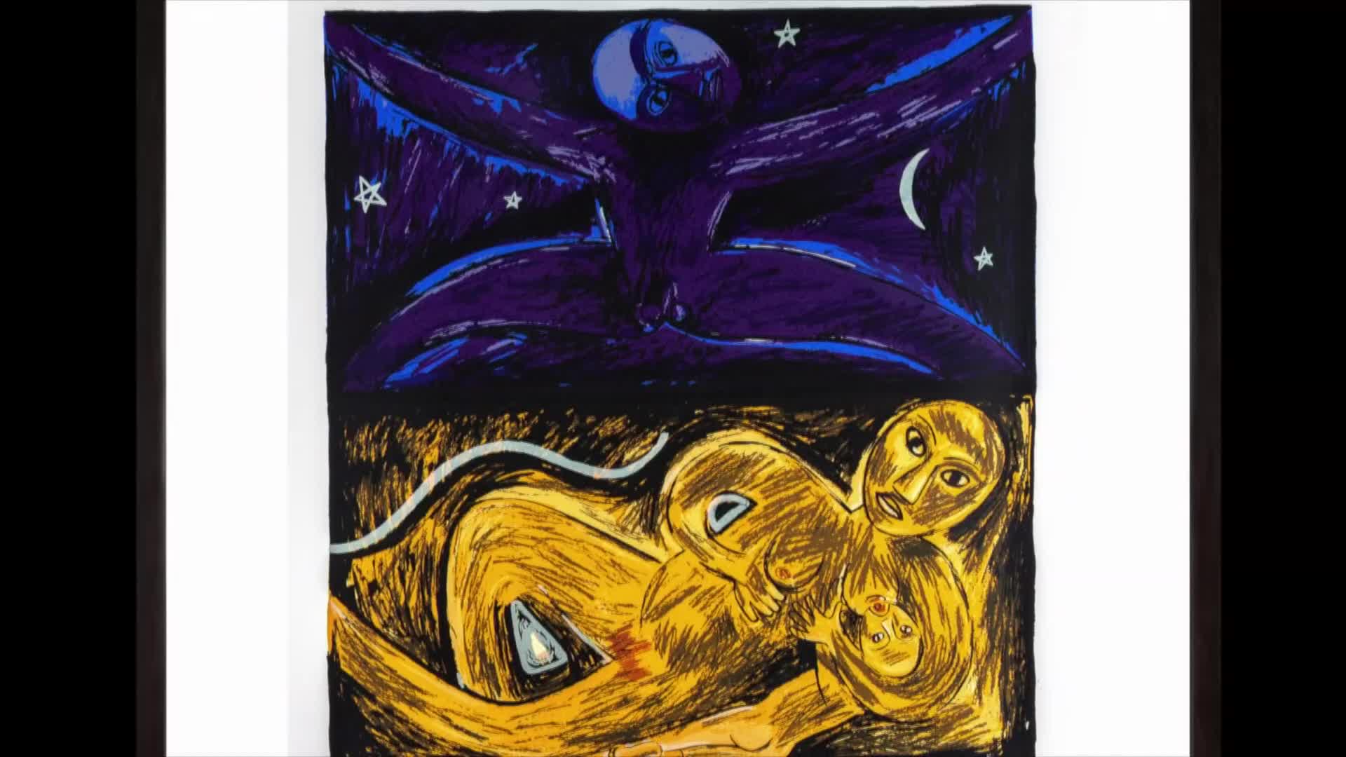 A figure with outstretched arms floats above a pair of figures, all set against a night sky with stars and a crescent moon. Below, two figures are intertwined in a warm, yellow hue.
