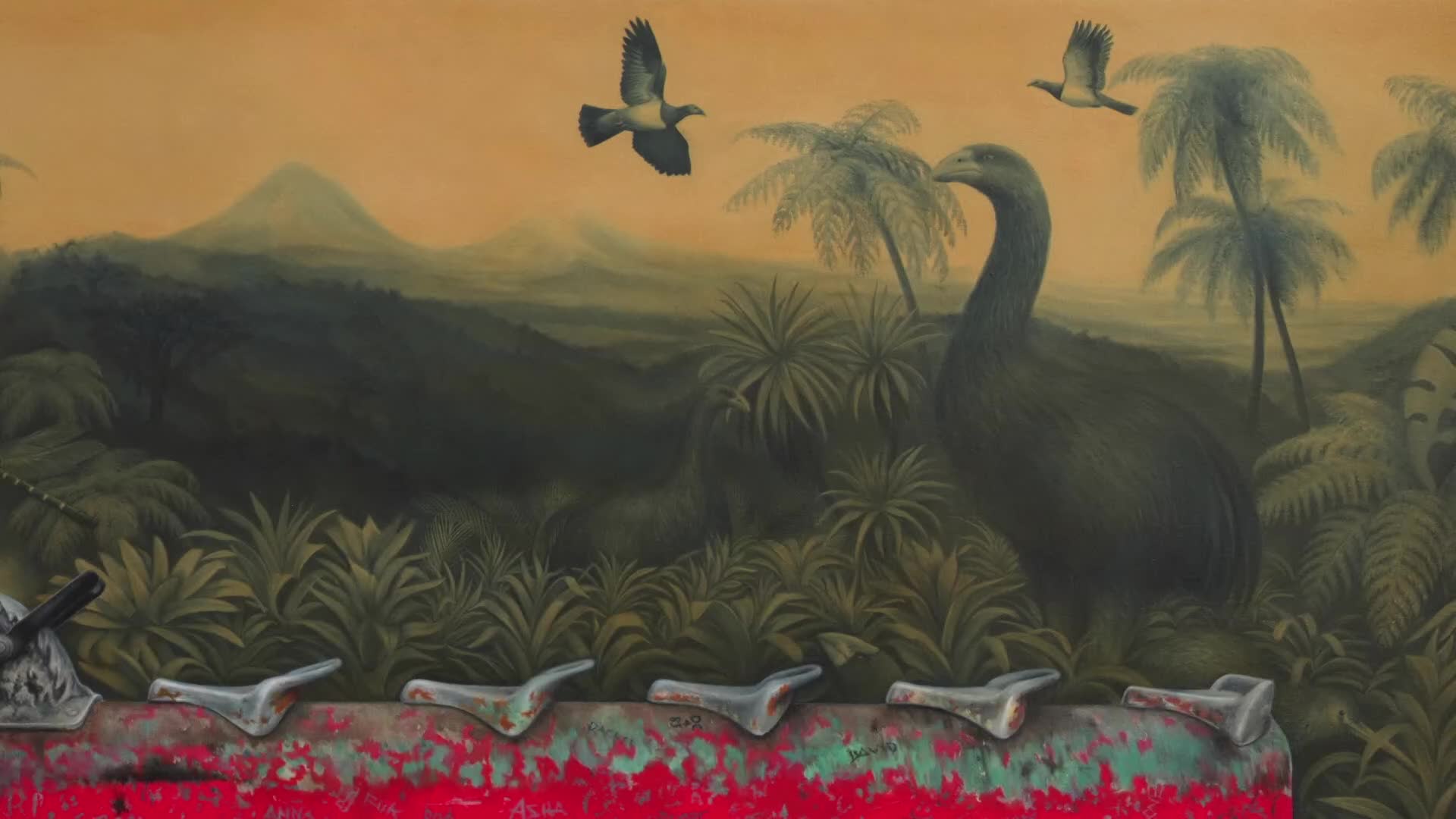 Giant birds stand among lush, green foliage, with smaller birds flying overhead against a golden sky. A red, weathered surface with metal fixtures runs along the bottom of the painting.
