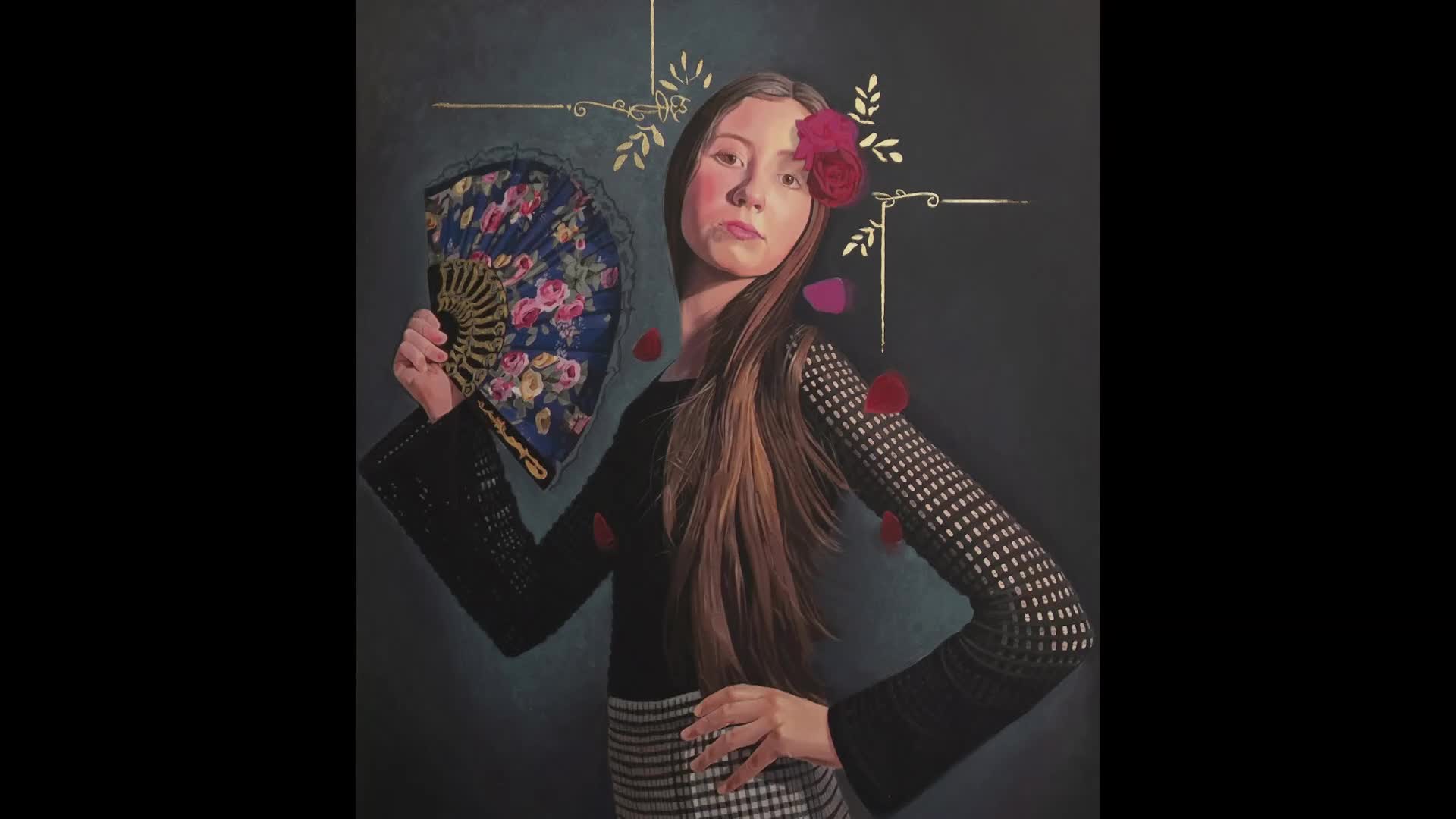 A young woman, dressed in a dark outfit, holds a floral fan and gazes directly at the viewer.  Rose petals and a flower adorn her hair, and the background is a deep teal with gold accents.
