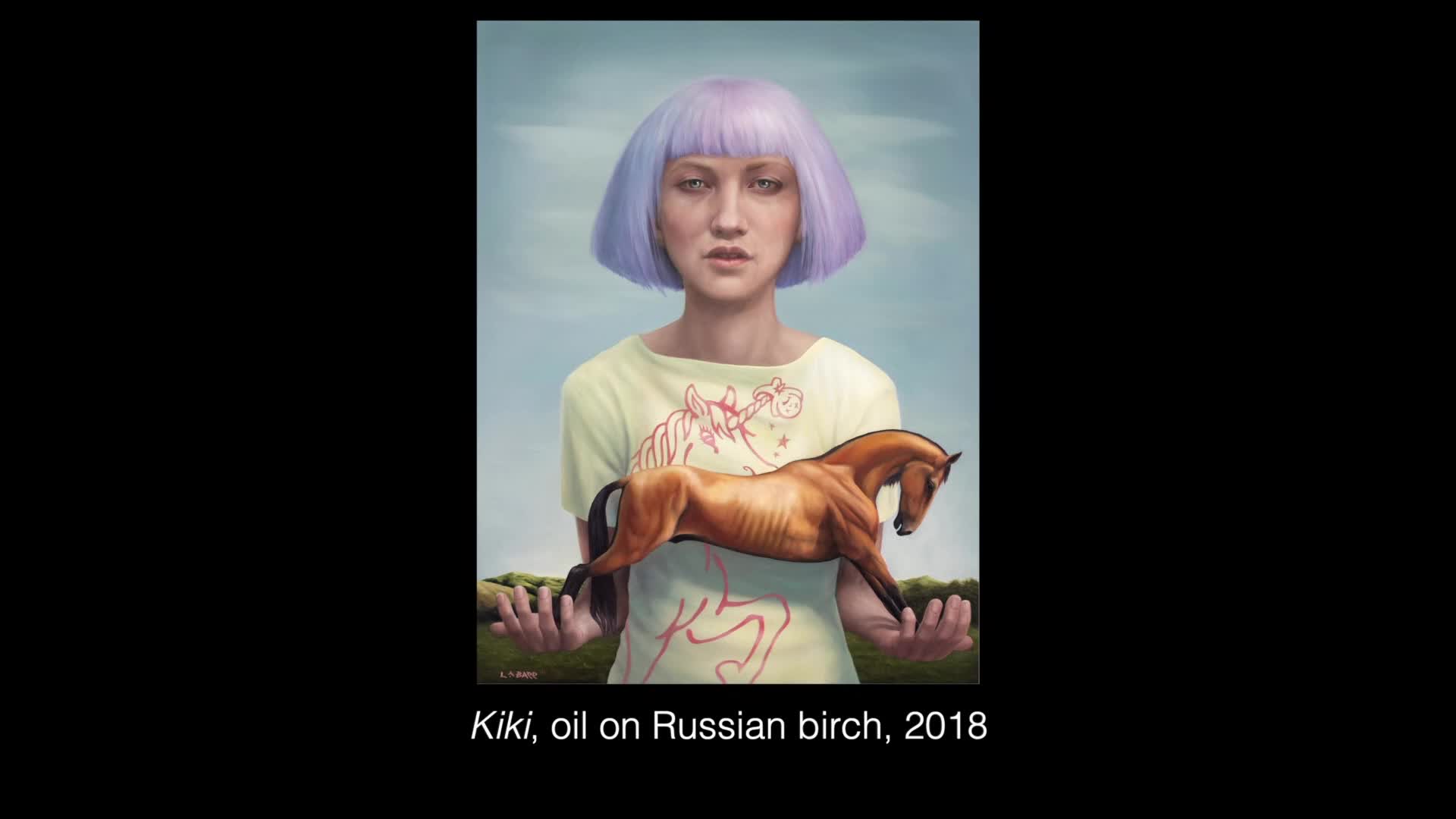 A woman with lavender hair stares directly ahead, her hands cradling a wooden horse. The horse, with its detailed form, appears to float against the backdrop of a pale green landscape.
