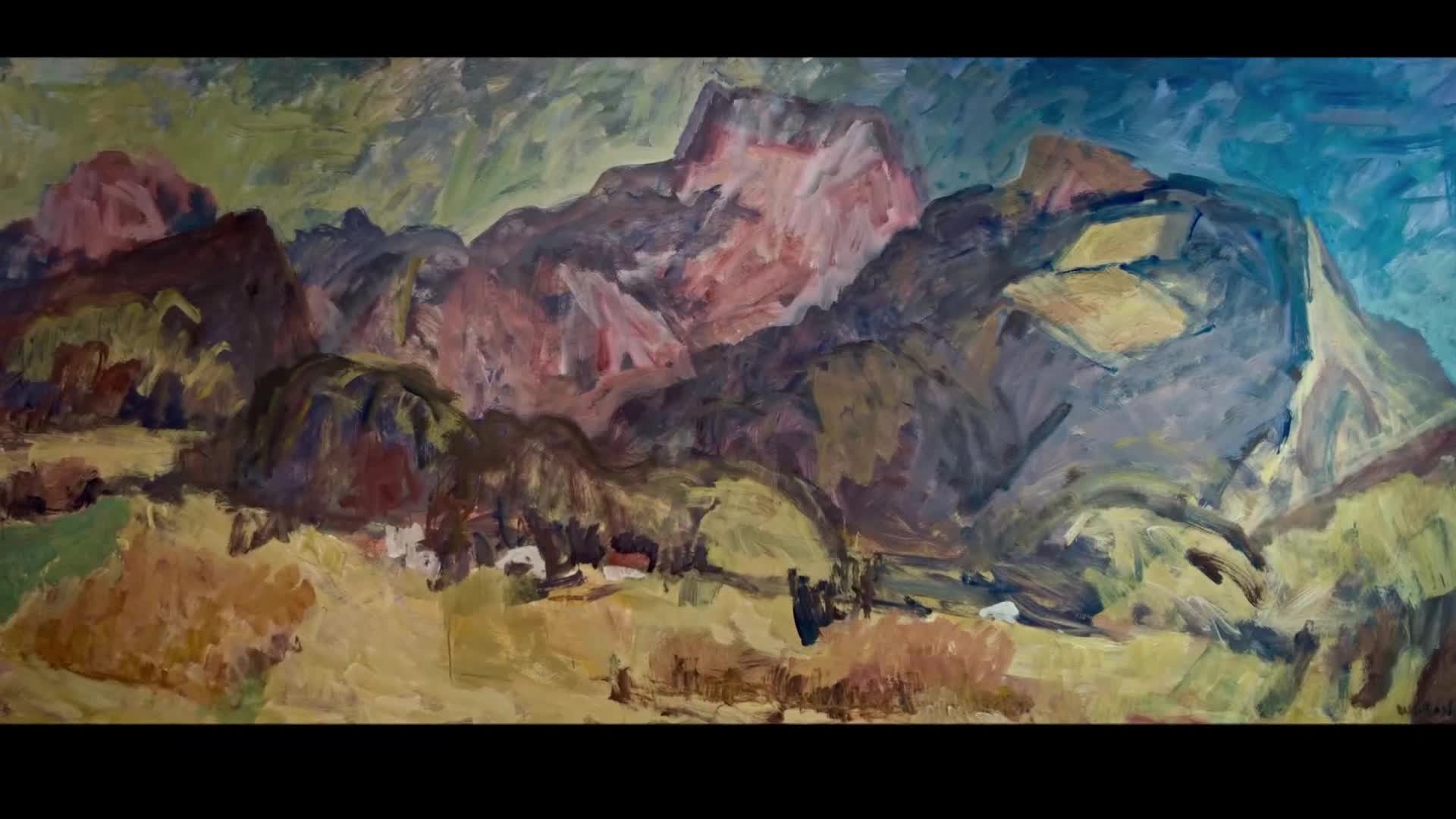 Rugged mountains, painted in shades of red, purple, and brown, dominate the canvas. Below, a foreground of yellow and green suggests a valley floor.
