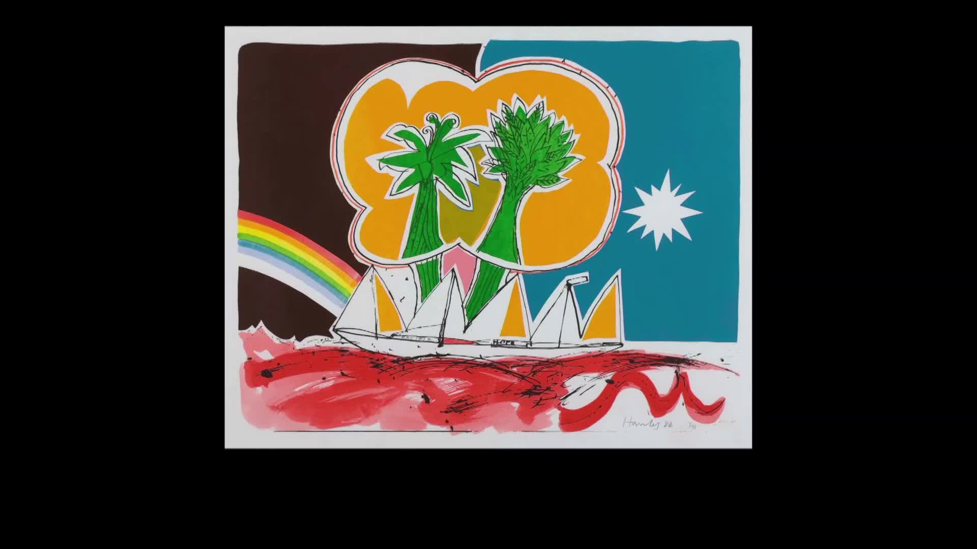 A rainbow arches over a sailboat with yellow sails, as it rides on red waves. Above, two palm trees stand beneath a large, orange cloud.
