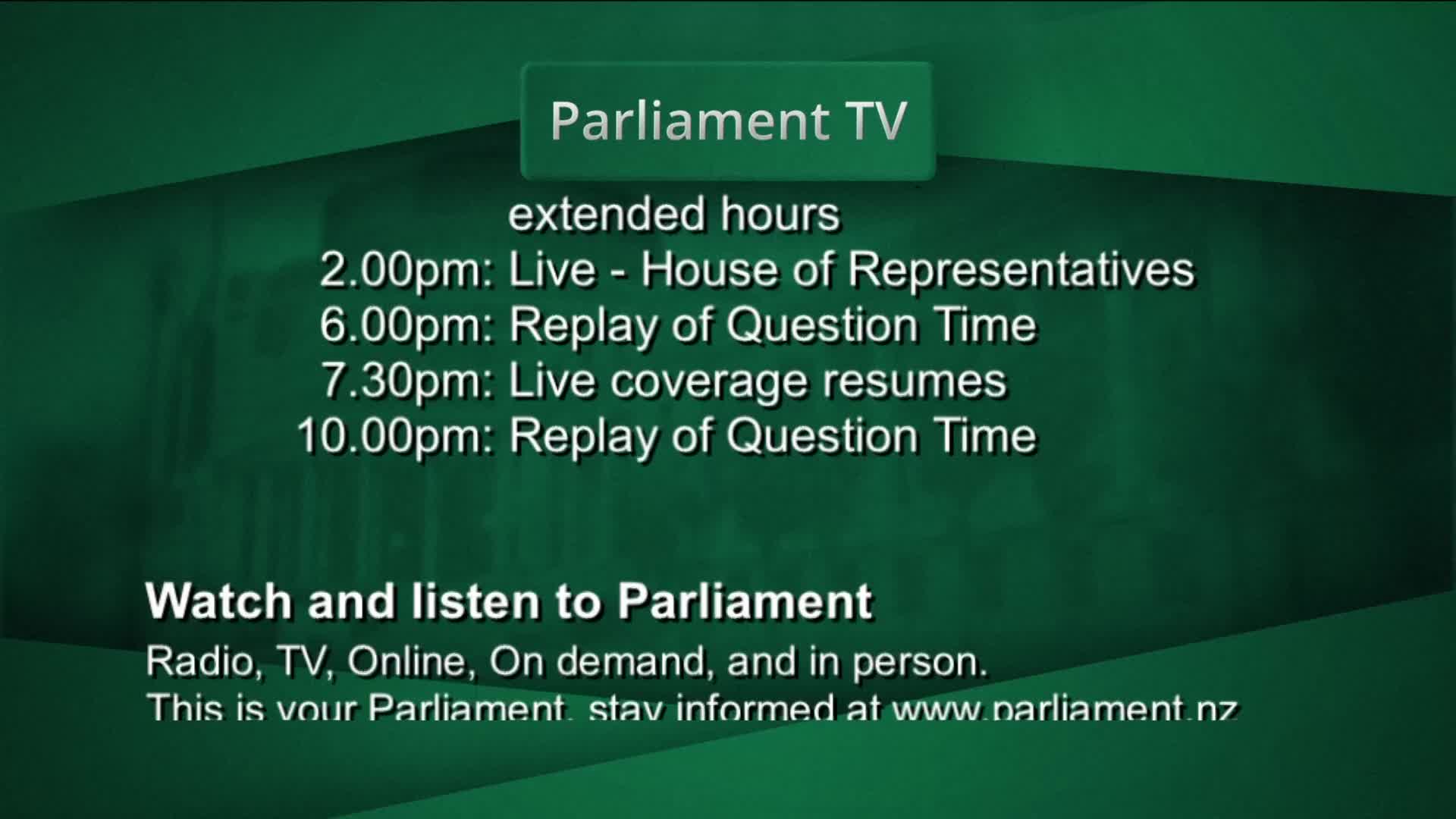 The Parliament TV schedule is displayed against a green backdrop, listing the day's programming. House of Representatives coverage is live at 2:00 PM, with replays of Question Time later in the evening.
