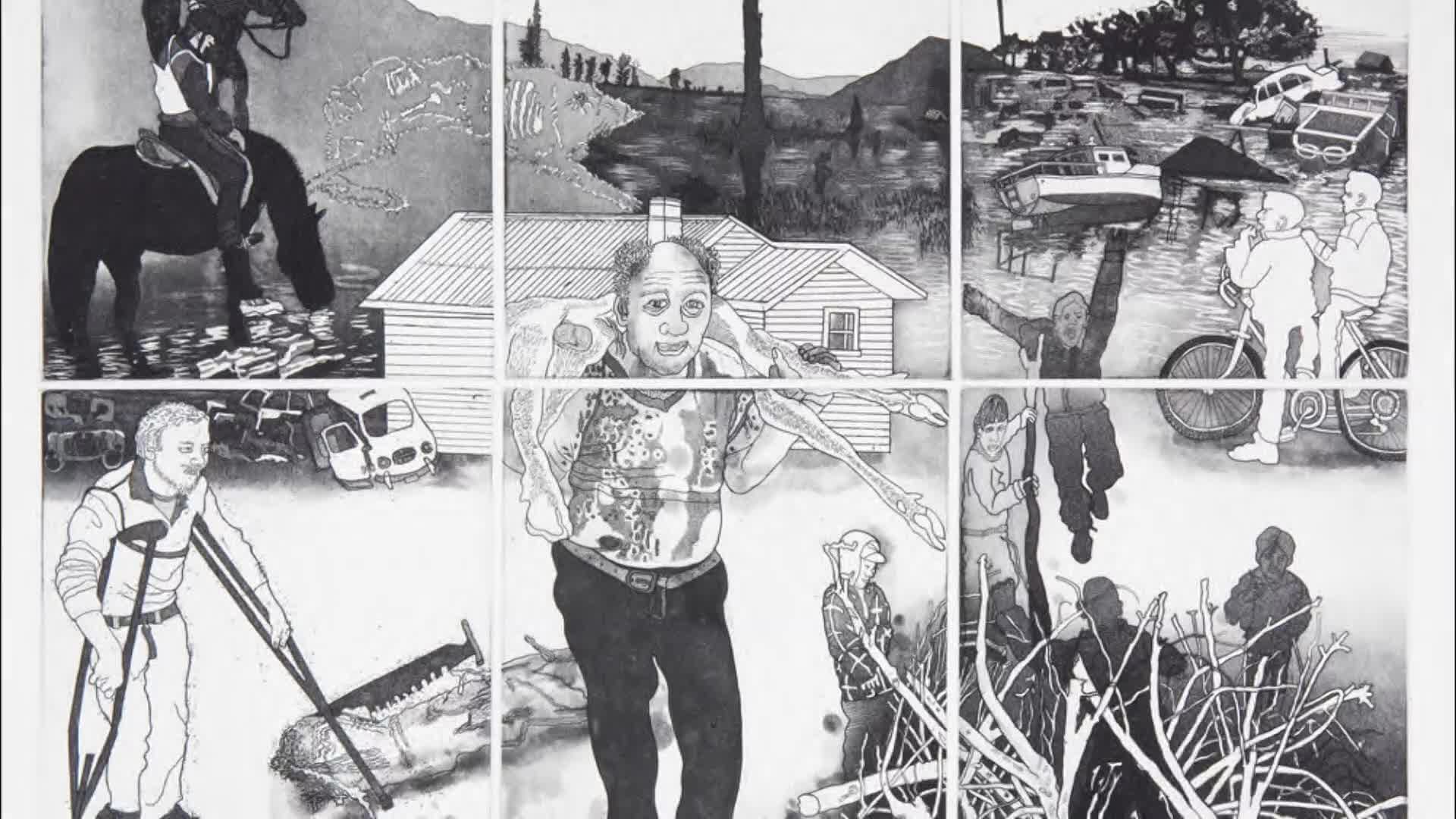 A man carries an animal over his shoulders, walking past a small house. Elsewhere, people are working, some with tools, and others are standing near bicycles.
A man carries an animal over his shoulders, walking past a small house. Elsewhere, people are working, some with tools, and others are standing near bicycles.