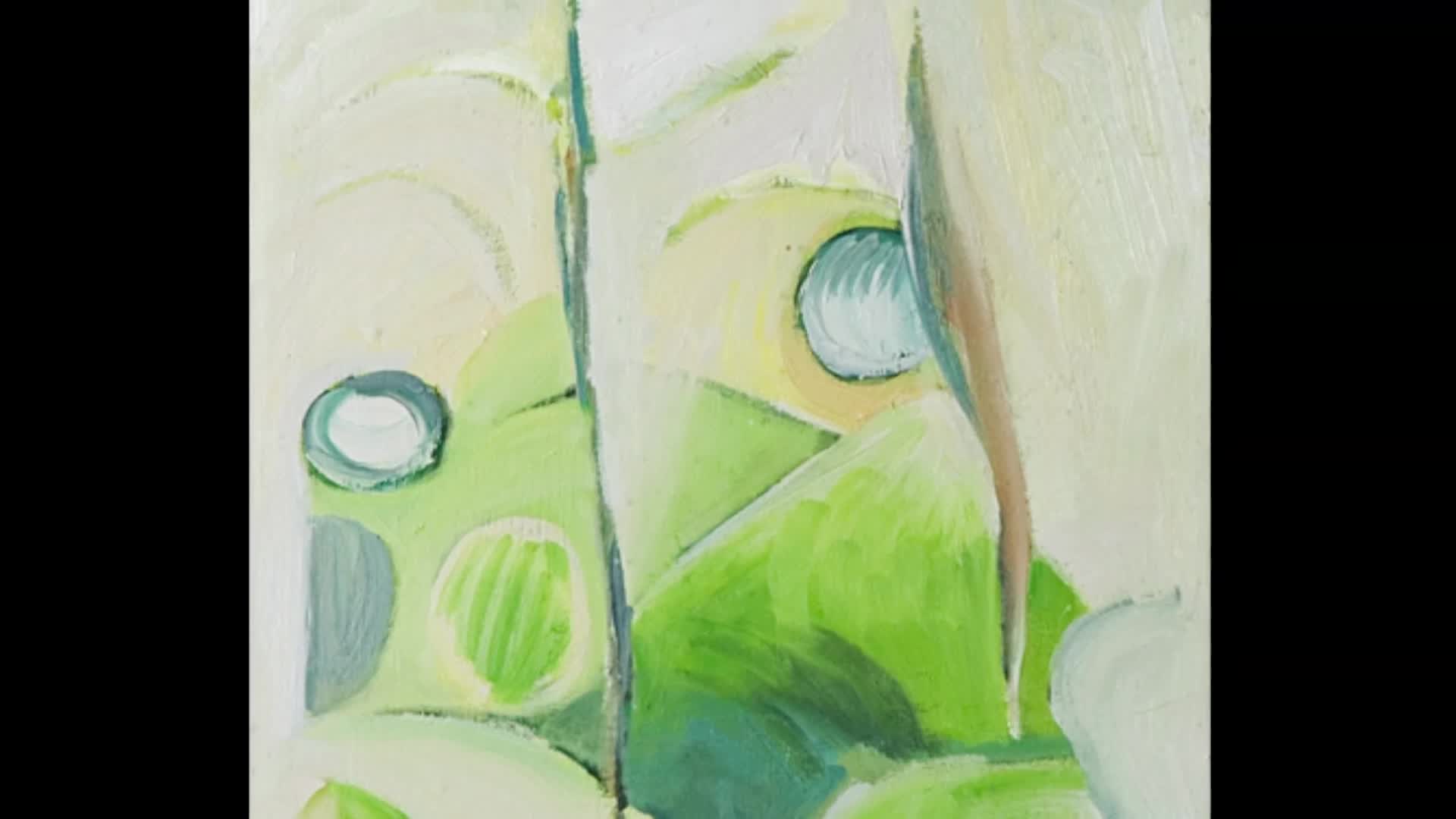 The painting has overlapping shapes in shades of green and white, with a few circular forms. A vertical, brown shape cuts through the center.
The painting has overlapping shapes in shades of green and white, with a few circular forms. A vertical, brown shape cuts through the center.