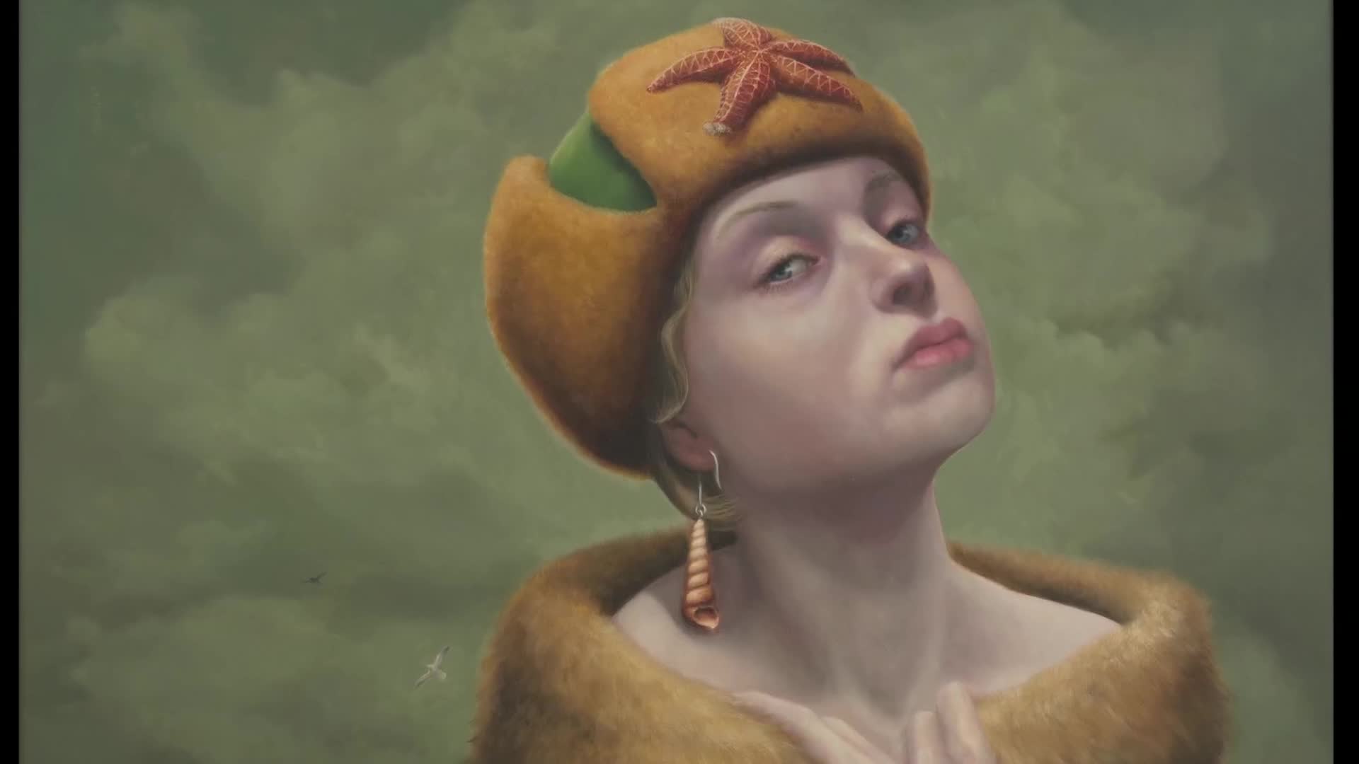 A woman with fair skin and a serious expression gazes up, wearing a hat adorned with a starfish. A seashell dangles from her ear, and a fluffy fur collar frames her shoulders.
A woman with fair skin and a serious expression gazes up, wearing a hat adorned with a starfish. A seashell dangles from her ear, and a fluffy fur collar frames her shoulders.