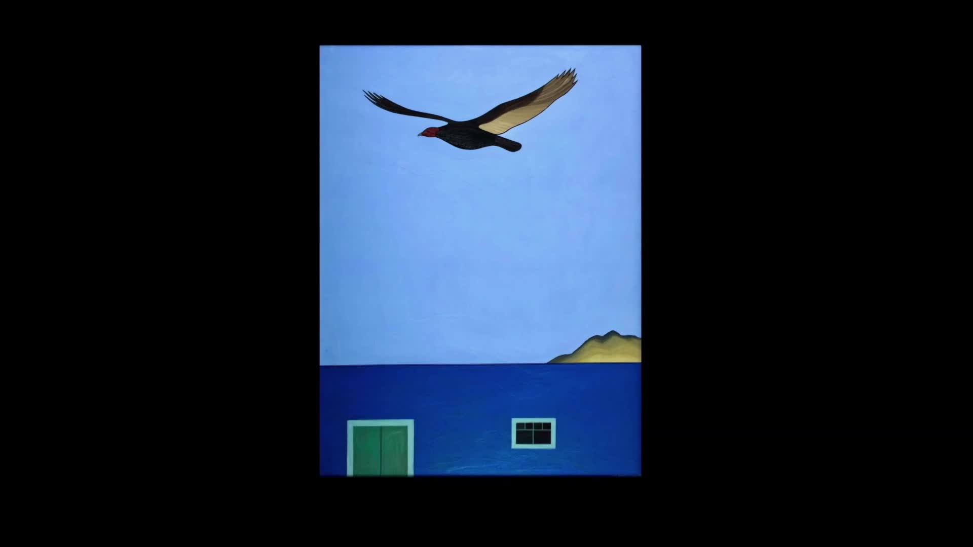 A dark bird soars across a pale blue sky, its wings outstretched. Below, a blue building with green doors and a small window sits beside a calm sea.
A dark bird soars across a pale blue sky, its wings outstretched. Below, a blue building with green doors and a small window sits beside a calm sea.