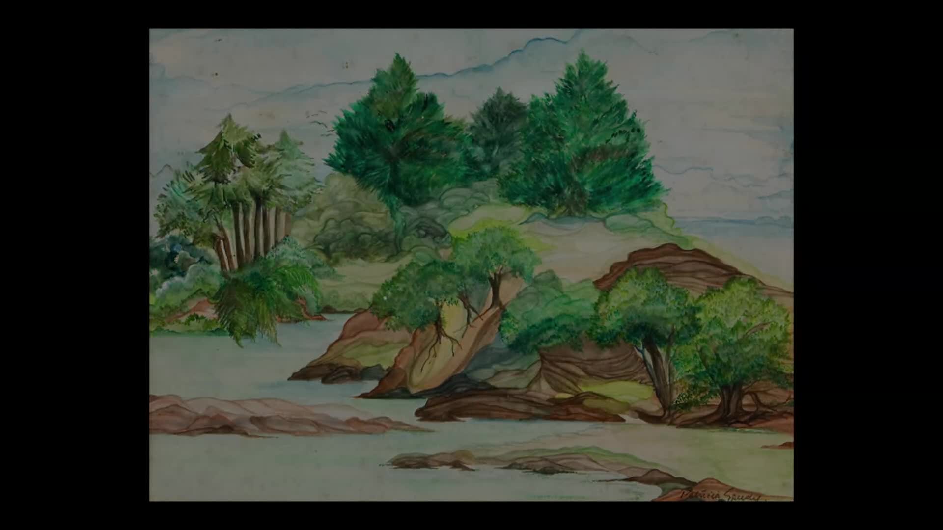 A watercolor painting depicts a New Zealand landscape with trees and water. The scene is a mix of greens and browns, suggesting a coastal or lakeside setting.
A watercolor painting depicts a New Zealand landscape with trees and water. The scene is a mix of greens and browns, suggesting a coastal or lakeside setting.