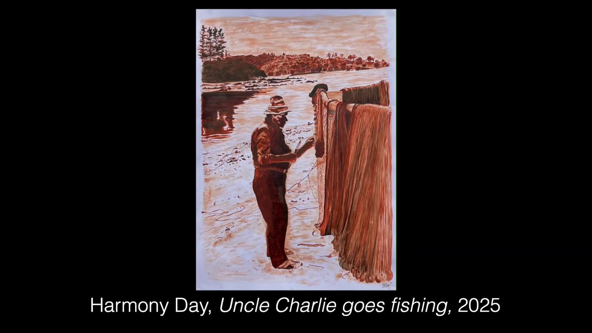 A man in a hat stands on the shore, working on a fishing net that hangs on a wooden frame. The water reflects the distant shoreline, and the whole scene is rendered in shades of brown.
A man in a hat stands on the shore, working on a fishing net that hangs on a wooden frame. The water reflects the distant shoreline, and the whole scene is rendered in shades of brown.