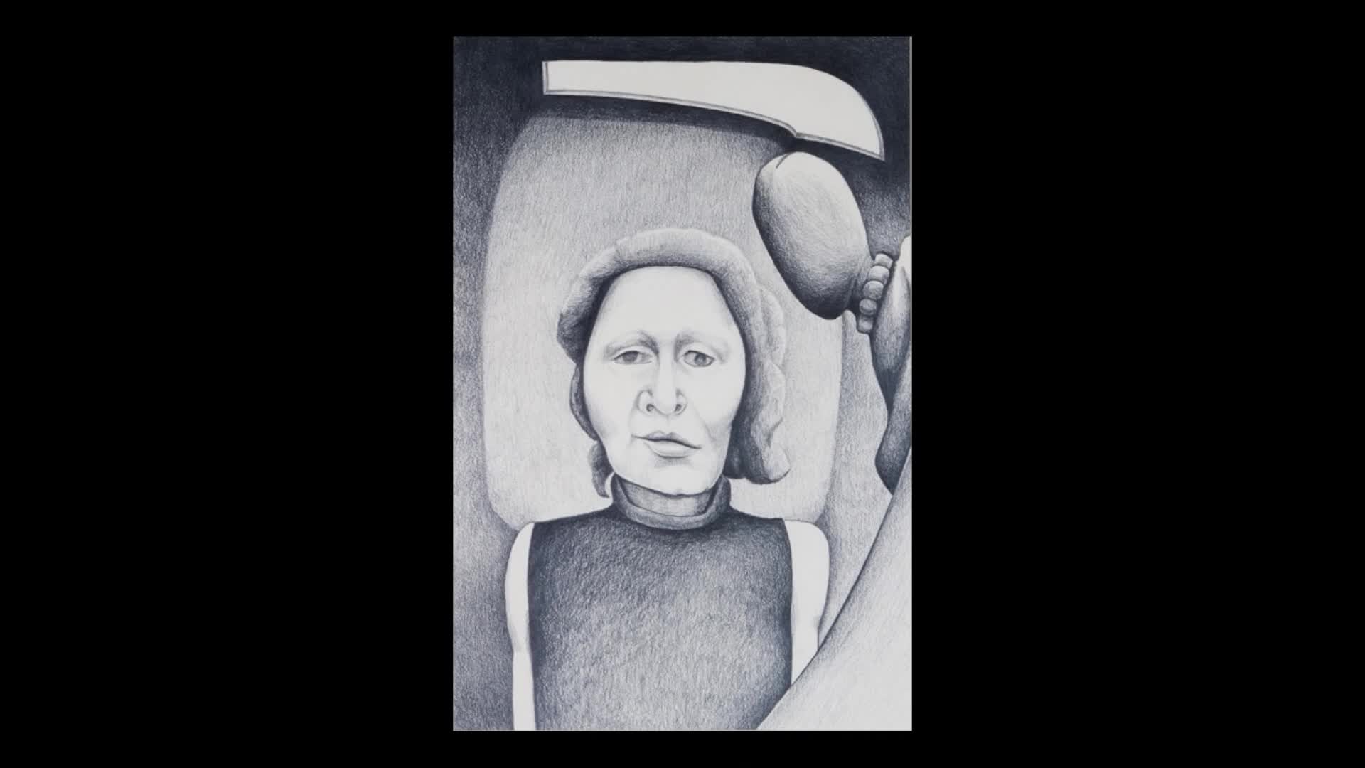 A woman is centered, looking directly ahead, her gaze steady. A hand holds a rounded object near her head, and the stark shading gives the image a surreal quality.
A woman is centered, looking directly ahead, her gaze steady. A hand holds a rounded object near her head, and the stark shading gives the image a surreal quality.