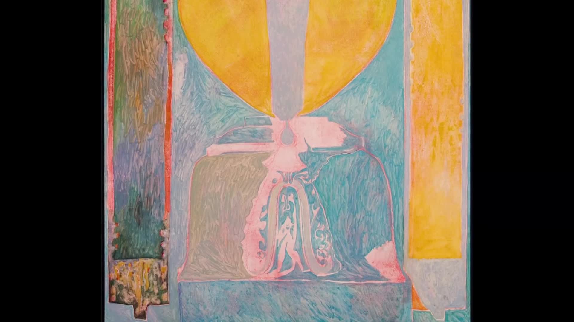 A large, yellow shape dominates the top, while a figure in a flowing gown stands in the center. The artwork uses a palette of soft blues, greens, and pinks.
A large, yellow shape dominates the top, while a figure in a flowing gown stands in the center. The artwork uses a palette of soft blues, greens, and pinks.