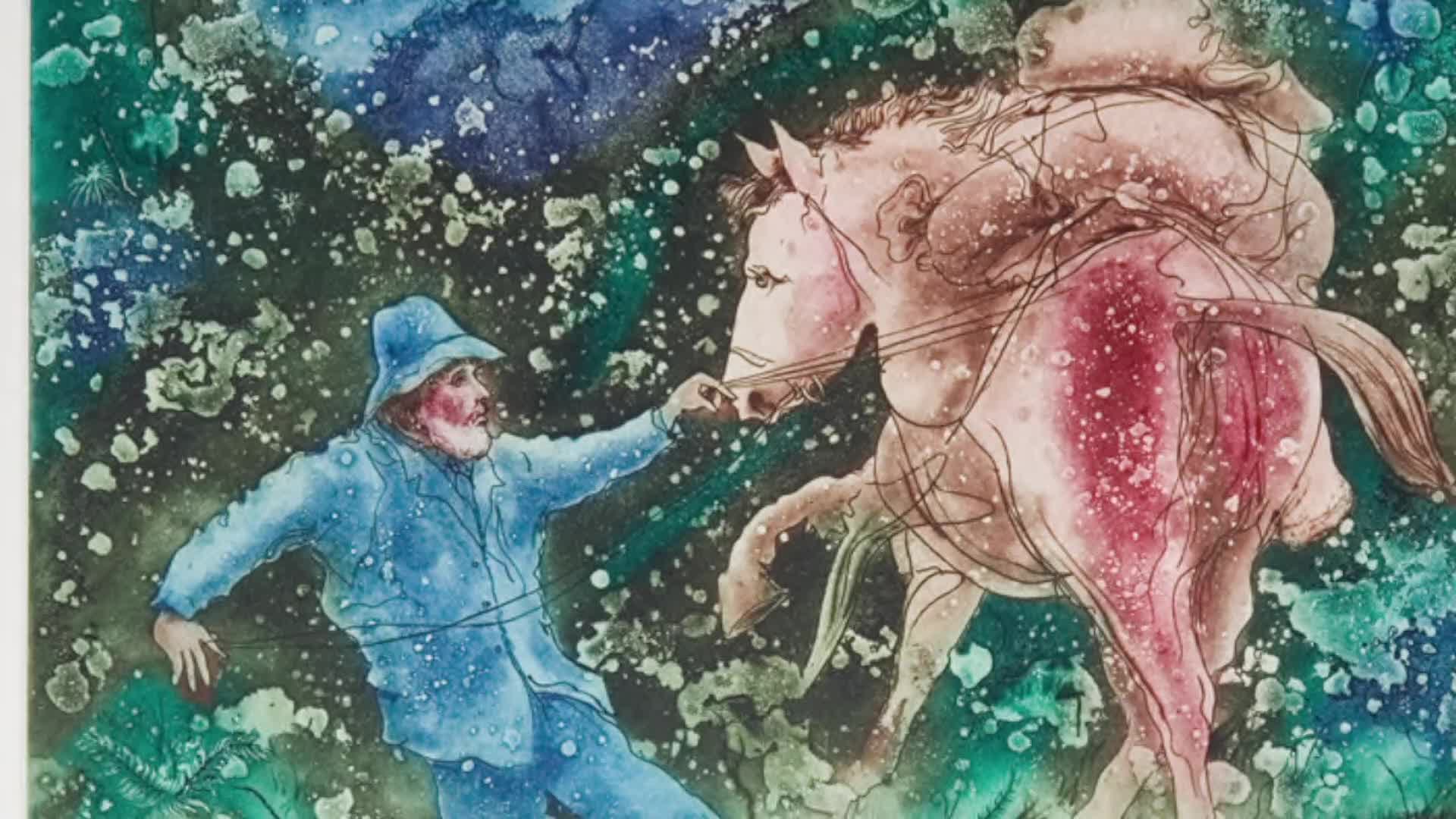 A man in a blue coat and hat strains against a horse, pulling on the reins. The horse's hindquarters are a vivid red, and it's pulling away from the man.
