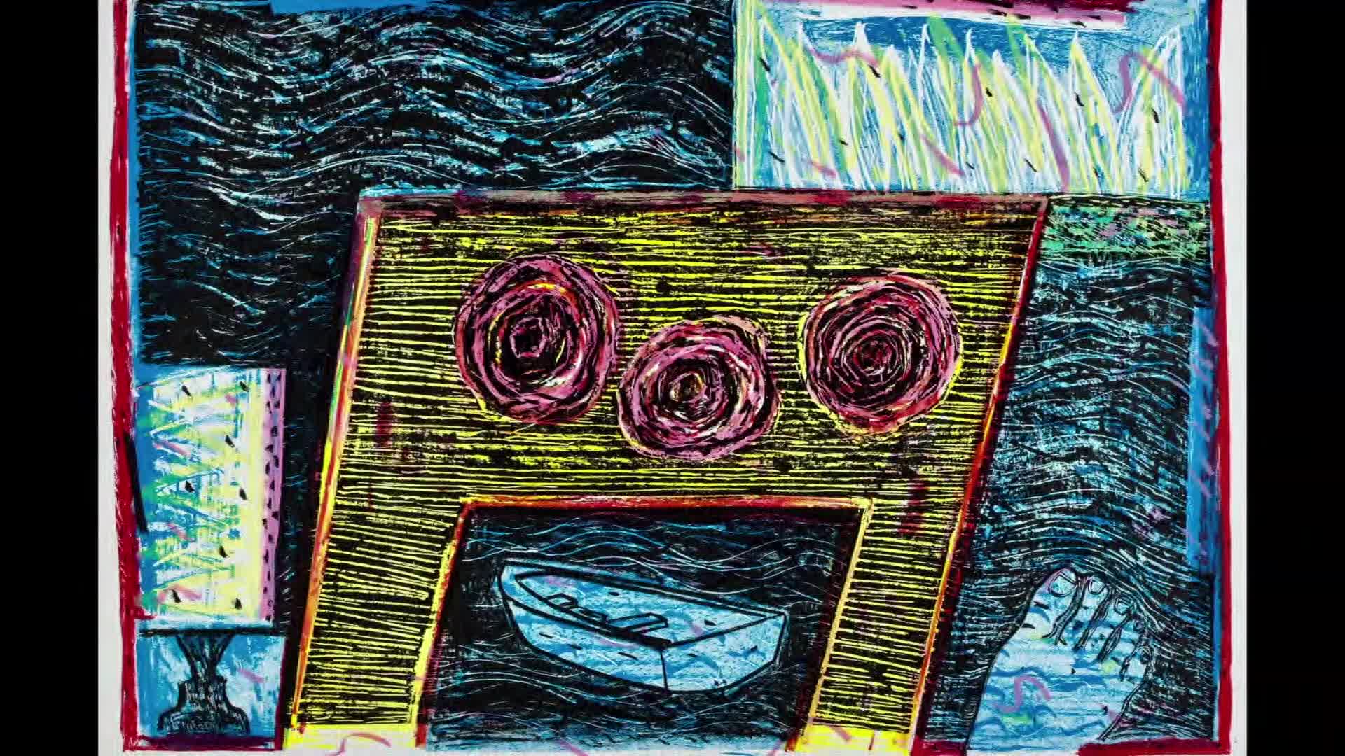 Three large, dark pink roses sit above a small boat floating in a dark, wavy sea. The scene is framed by bold red lines and filled with vibrant, textured patterns.
