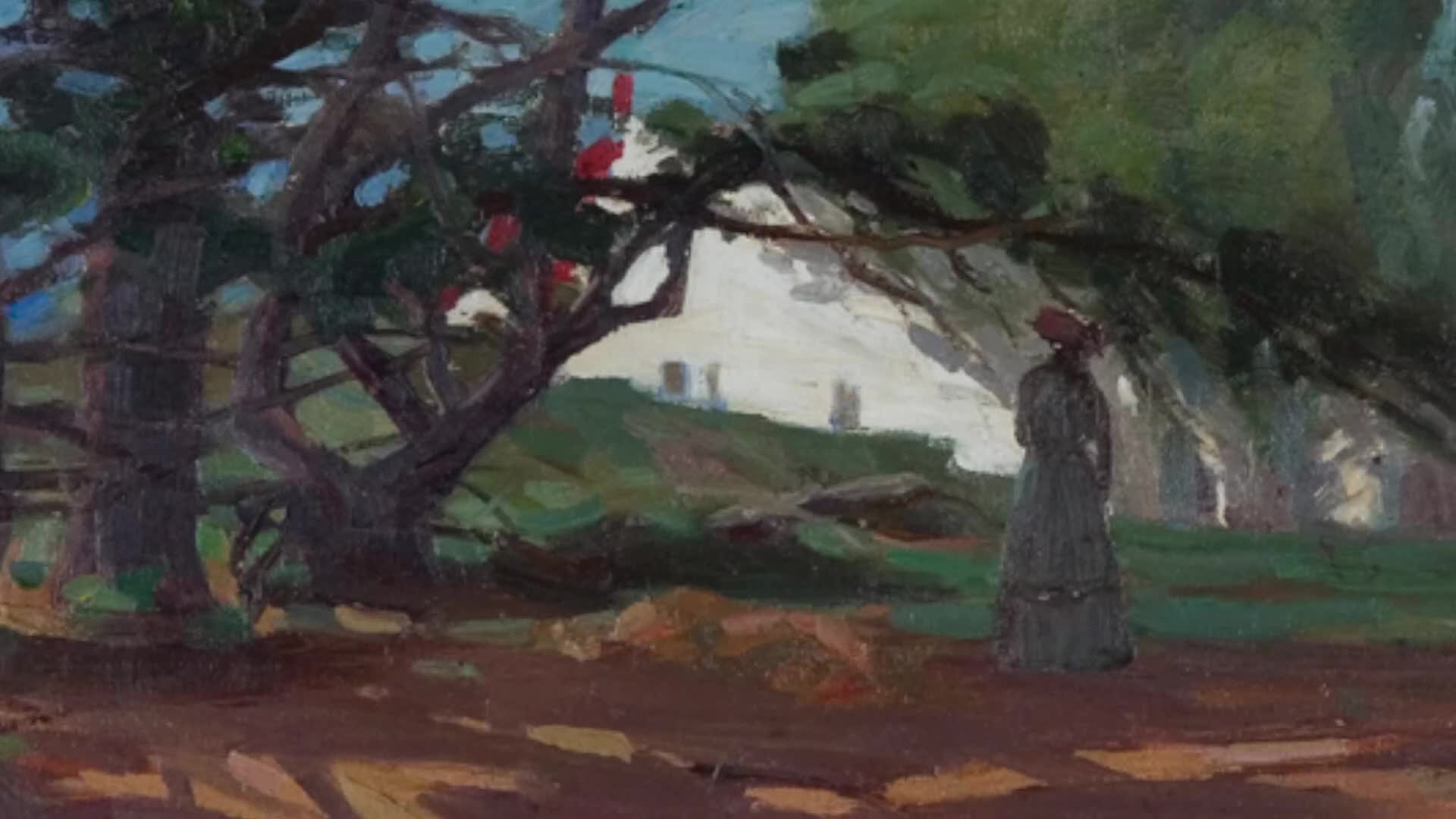 A lone figure in a long, dark dress stands under the dappled shade of trees. Beyond, a soft light illuminates rolling hills and distant, pale structures.