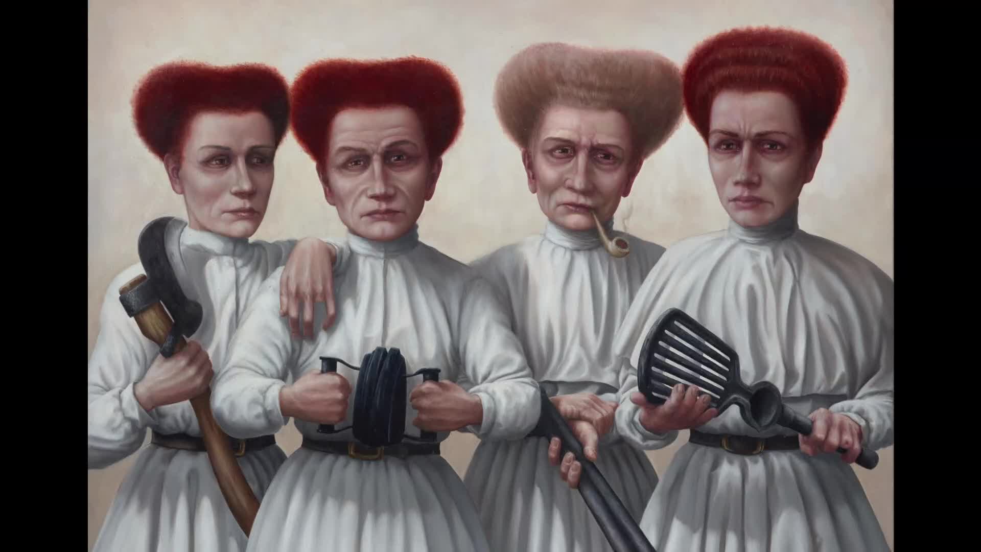 Four women stand in white dresses, each holding a tool. The woman on the left grips an axe, while the one next to her holds a pair of tongs. The third woman has a pipe in her mouth, and the fourth clutches a spatula.