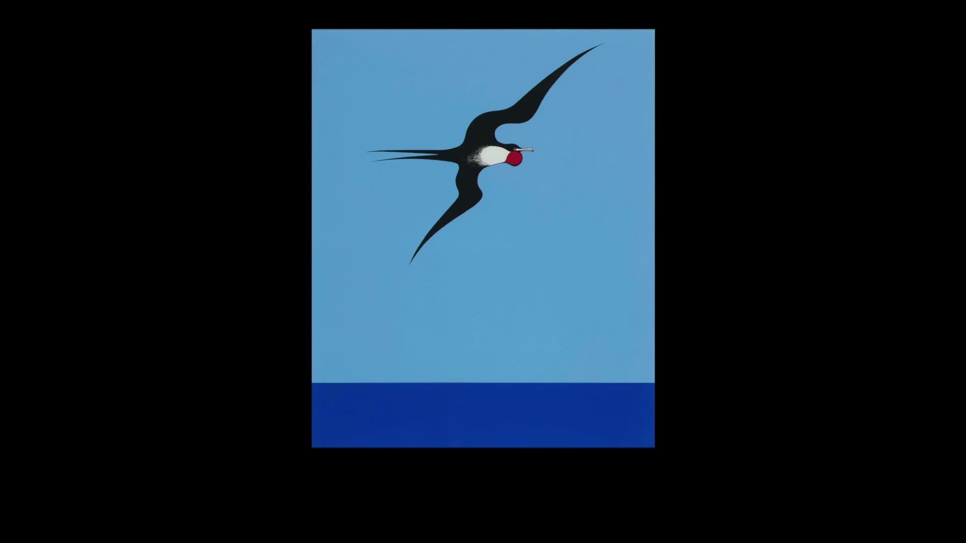 A black bird with a red throat pouch soars against a bright blue sky. Below, a strip of deep blue represents the ocean.