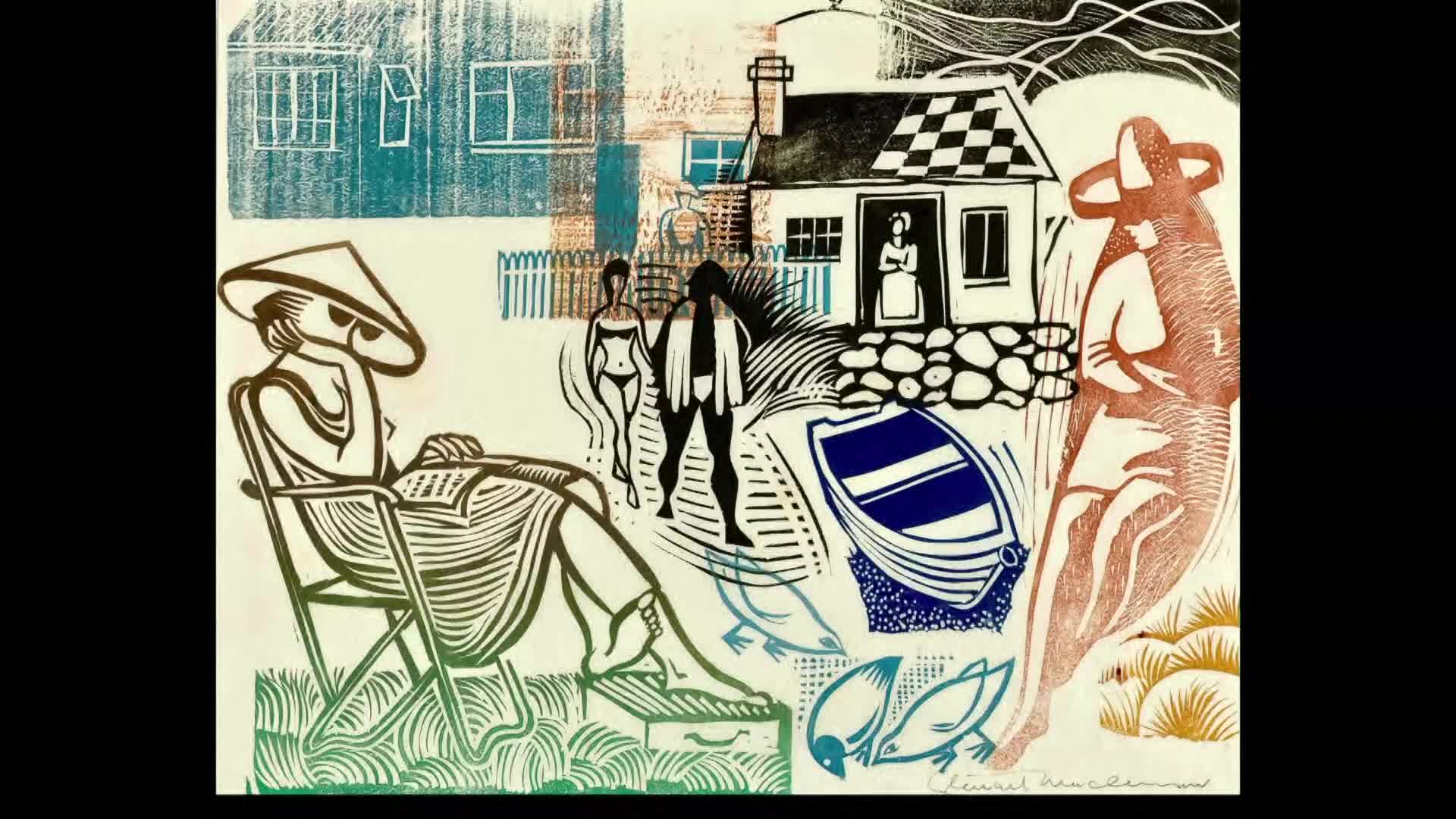 A woman in a wide-brimmed hat relaxes in a deckchair, a book open on her lap. Two figures walk past a small cottage, a blue and white boat resting nearby.