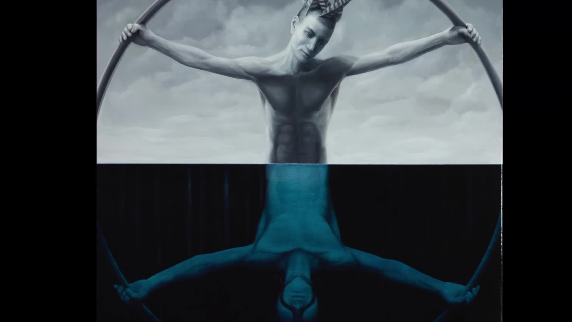 A young man, bare-chested and wearing a patterned head wrap, holds a bow with arms outstretched. Below him, a blue-toned reflection mirrors his pose in dark water.