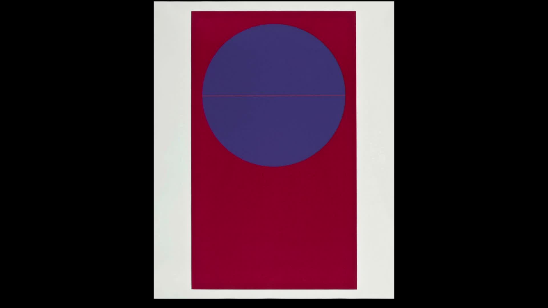 A large, dark purple circle sits centered on a deep red rectangle. A thin, darker red line cuts horizontally across the middle of the circle.