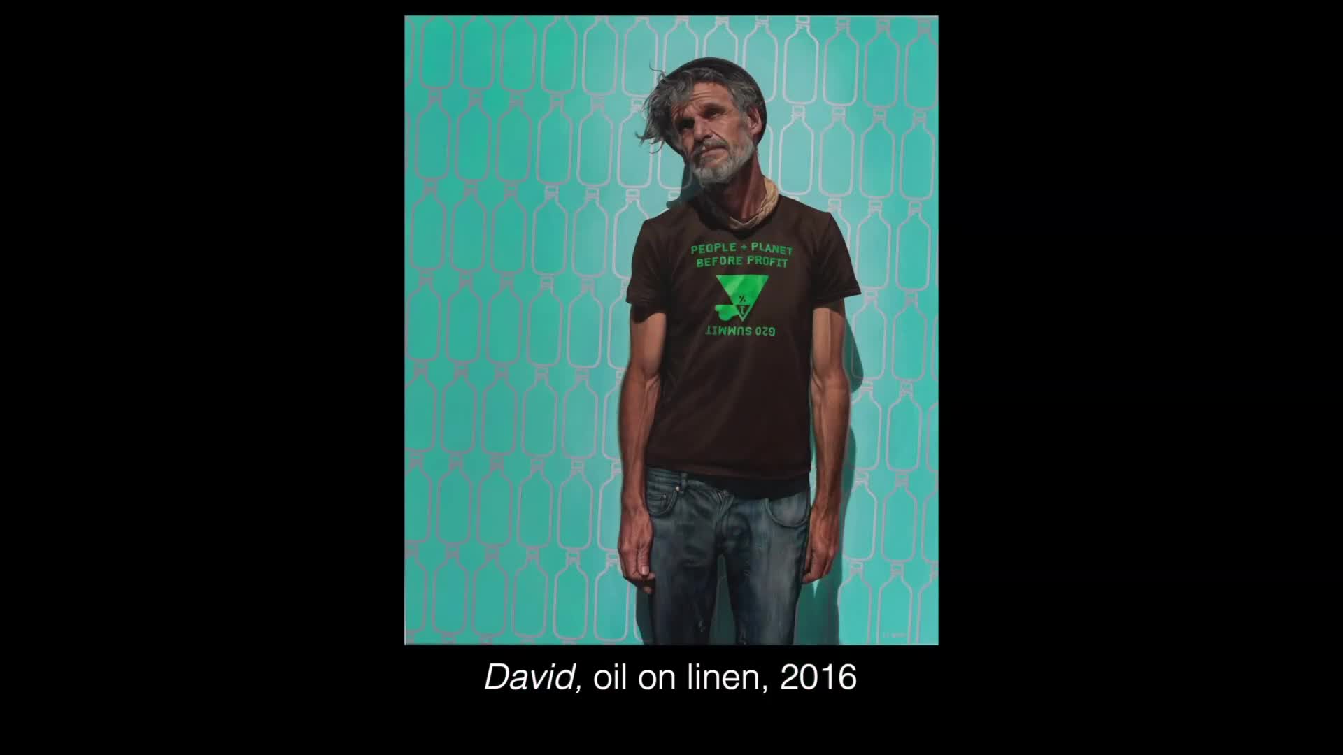 A man stands against a backdrop of repeating bottle shapes. His brown t-shirt reads "People + Planet Before Profit."