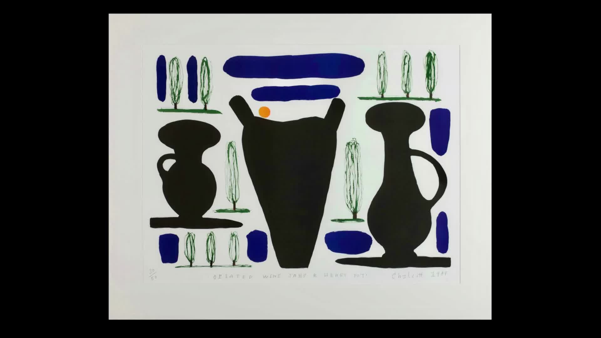 Three large black vases stand on a white background, flanked by stylized green trees. Blue rectangles and ovals are scattered between the trees and vases.