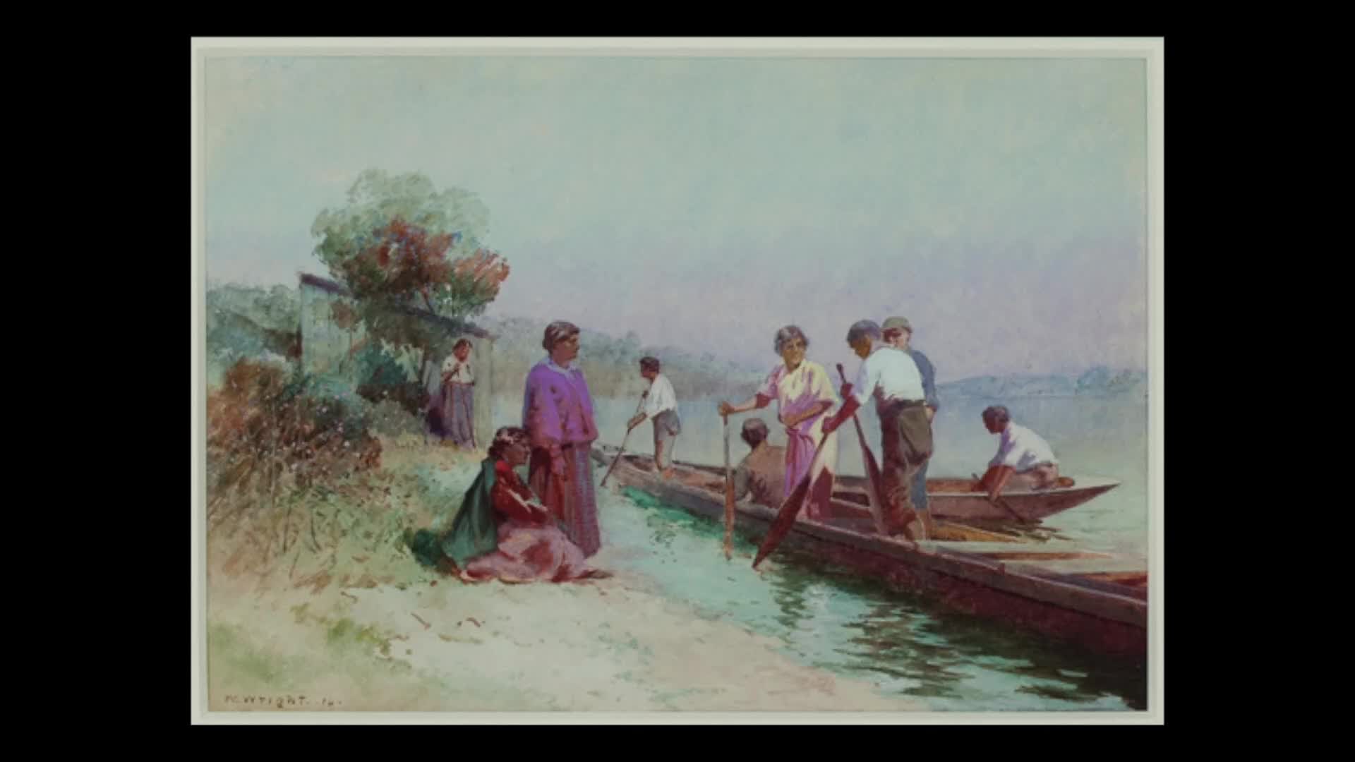 Several people are gathered by the water's edge, some preparing to board canoes. One canoe is already in the water, its occupants ready to paddle.