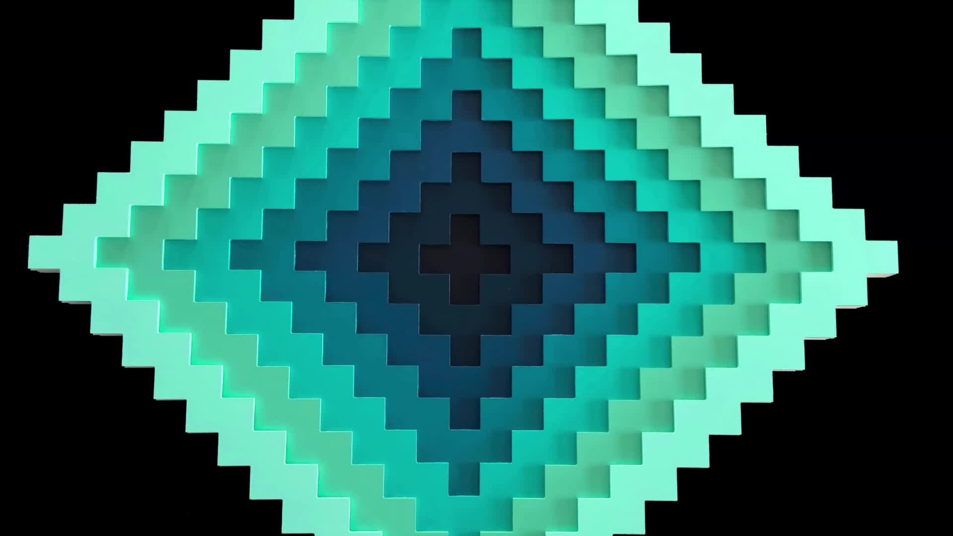 A series of stepped diamond shapes in varying shades of teal and blue recede into darkness. This pattern, reminiscent of a traditional Māori design, fills the screen.