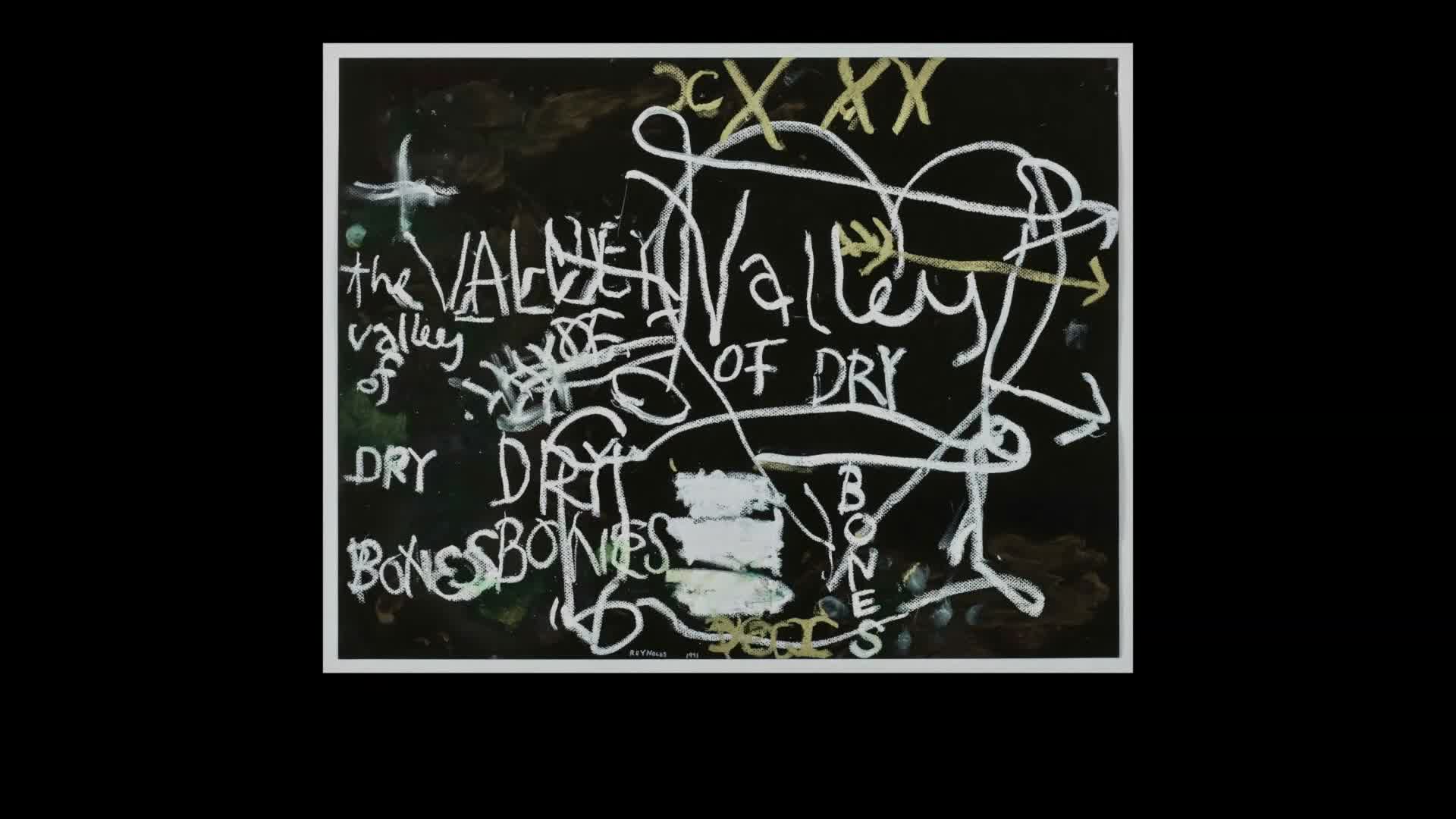 White chalk scribbles form the words "the Valley Valley of Dry" over a dark background. Below, "DRY DRY BONESBONES" is scrawled, with a few white rectangles interrupting the text.