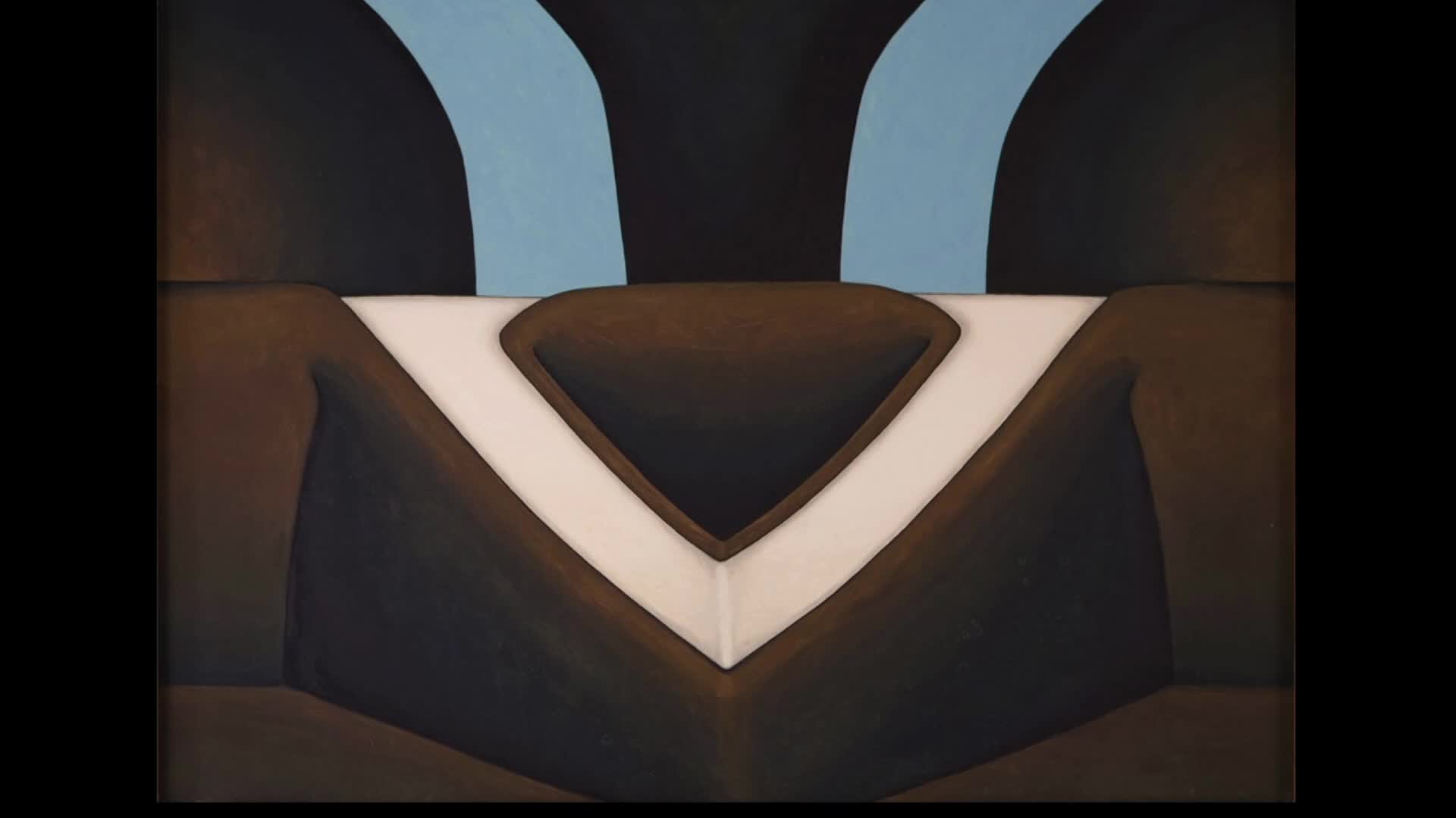 The dark brown forms curve inward, meeting a sharp white line. Above, two pale blue shapes rise against a black background. The dark brown forms curve inward, meeting a sharp white line. Above, two pale blue shapes rise against a black background.