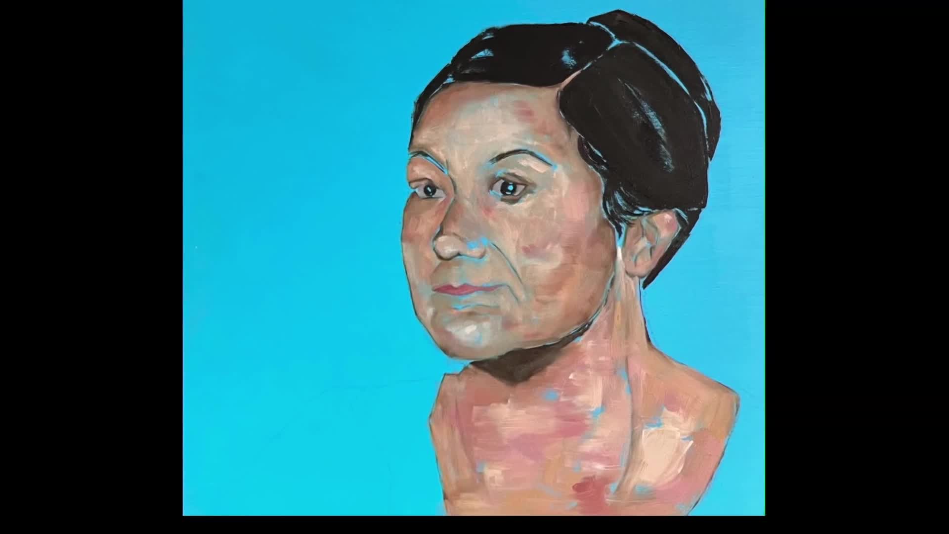 A portrait of a woman with dark hair pulled back stares intently to the left against a bright blue background. The brushstrokes are visible, giving the painting a textured, almost unfinished quality. A portrait of a woman with dark hair pulled back stares intently to the left against a bright blue background. The brushstrokes are visible, giving the painting a textured, almost unfinished quality.