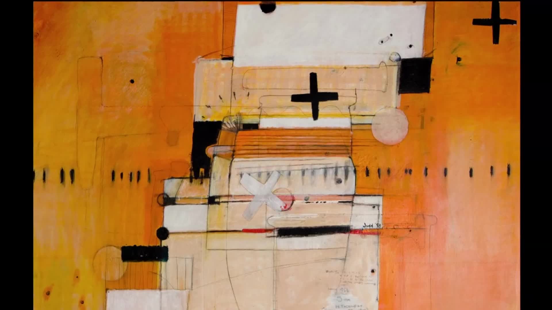 A large, abstract painting dominates the frame, its surface a vibrant wash of orange and yellow. Geometric shapes and lines, rendered in black, white, and beige, create a complex, layered composition. A prominent black cross sits near the center, balanced by smaller crosses and dots scattered across the canvas. A large, abstract painting dominates the frame, its surface a vibrant wash of orange and yellow. Geometric shapes and lines, rendered in black, white, and beige, create a complex, layered composition. A prominent black cross sits near the center, balanced by smaller crosses and dots scattered across the canvas.