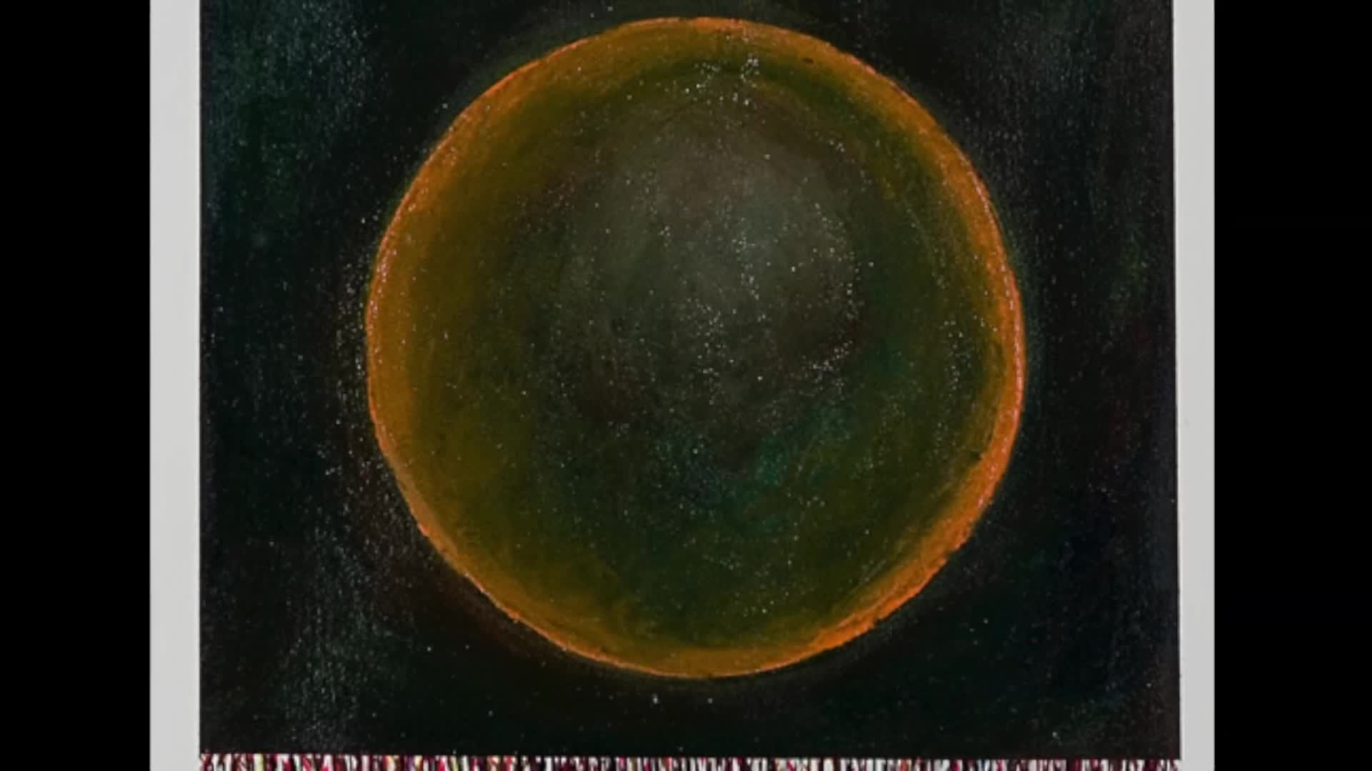 A large, fuzzy orange circle dominates the dark background. It looks like a rough, painted representation of the sun or moon. A large, fuzzy orange circle dominates the dark background. It looks like a rough, painted representation of the sun or moon.