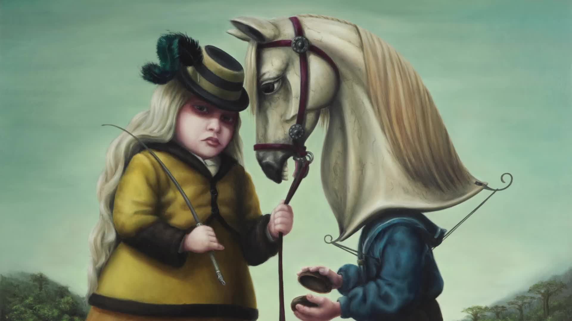 A child in a yellow coat and feathered hat holds a riding crop, facing a person wearing a horse's head. The second figure offers something small and round from their open hands. A child in a yellow coat and feathered hat holds a riding crop, facing a person wearing a horse's head. The second figure offers something small and round from their open hands.