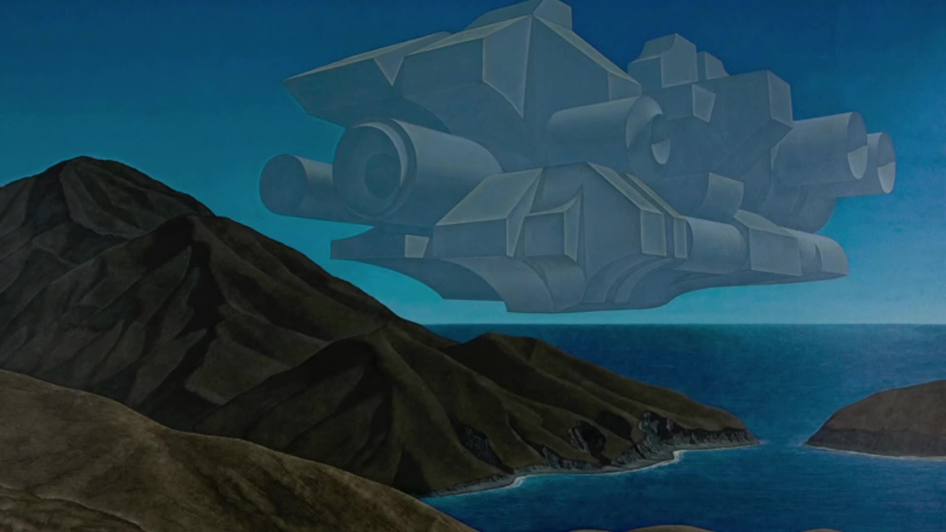 A massive, angular craft hovers in the sky over a rugged New Zealand coastline. Its grey, metallic form is silhouetted against the bright blue sky, with the ocean stretching out below. A massive, angular craft hovers in the sky over a rugged New Zealand coastline. Its grey, metallic form is silhouetted against the bright blue sky, with the ocean stretching out below.