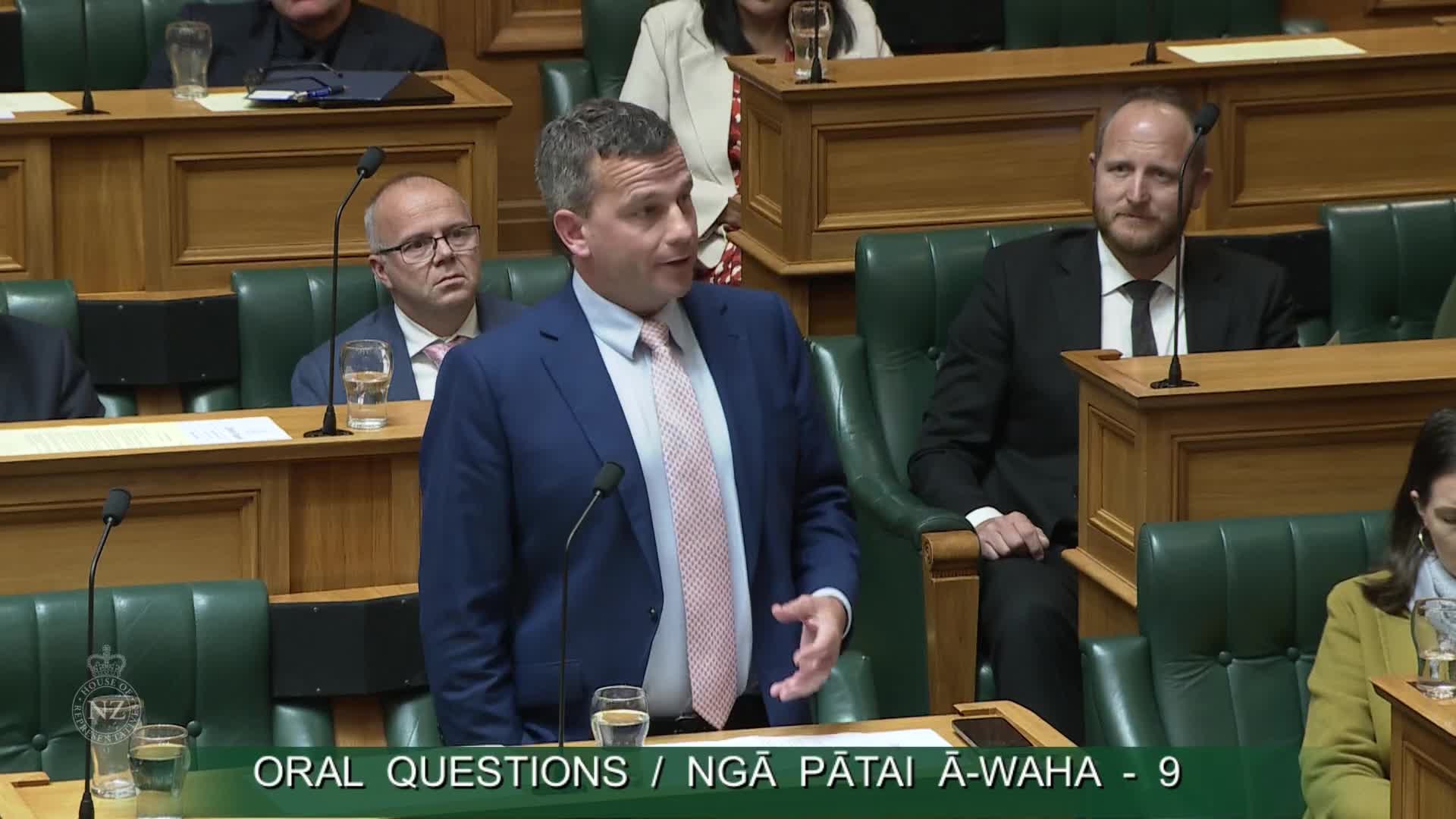 A man in a blue suit and patterned tie speaks at a podium. He gestures with his right hand as others in suits listen from their seats in the chamber.