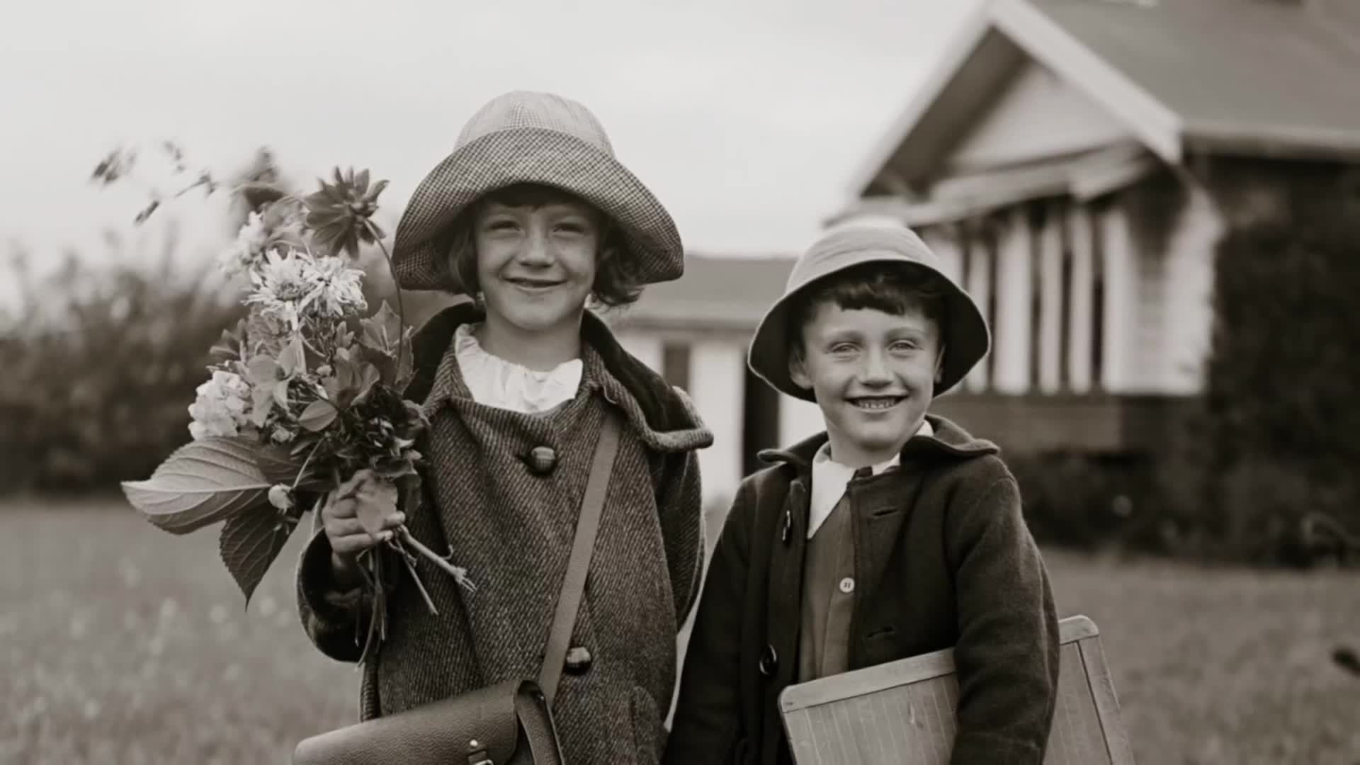 Two children stand in a field, one clutching a bouquet of flowers. The other holds a slate, ready for school.