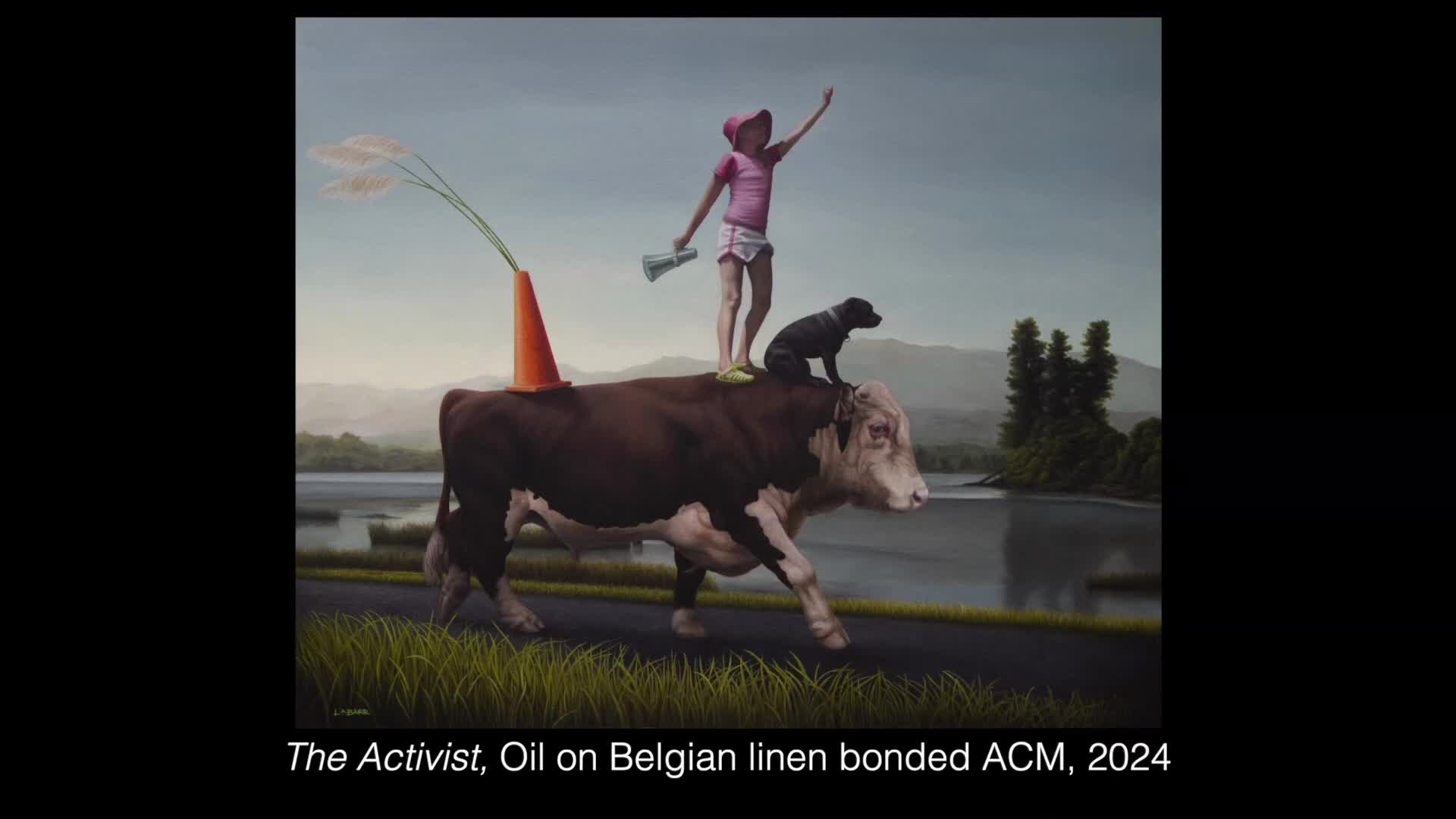 A cow, wearing an orange traffic cone on its back with grass sprouting from it, walks along a road. A young person stands on the cow's back, holding a megaphone and raising a hand, while a small dog sits perched on the cow's head.