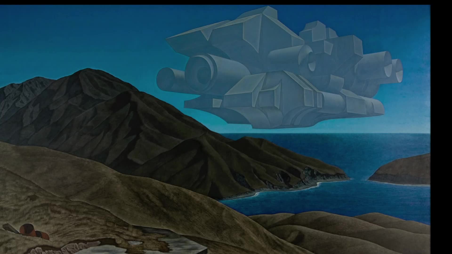 A massive, angular craft hovers over the deep blue sea, its form reminiscent of a cloud. Jagged, dark mountains rise from the coastline, their slopes catching the light.