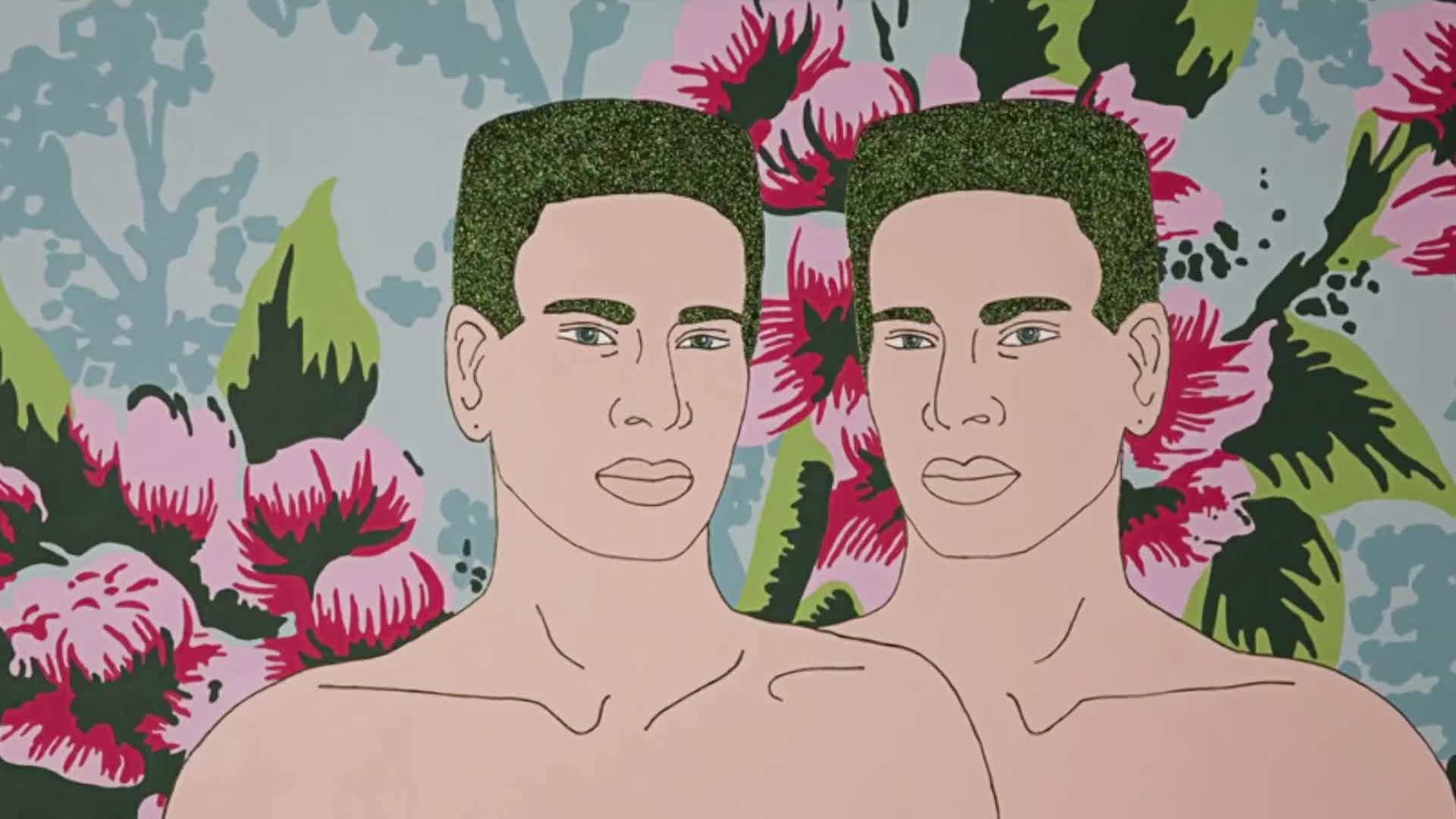 Two young men stand side-by-side, their faces rendered in simple lines against a backdrop of vibrant pink and green floral patterns. Their hair is a textured green, almost like moss.