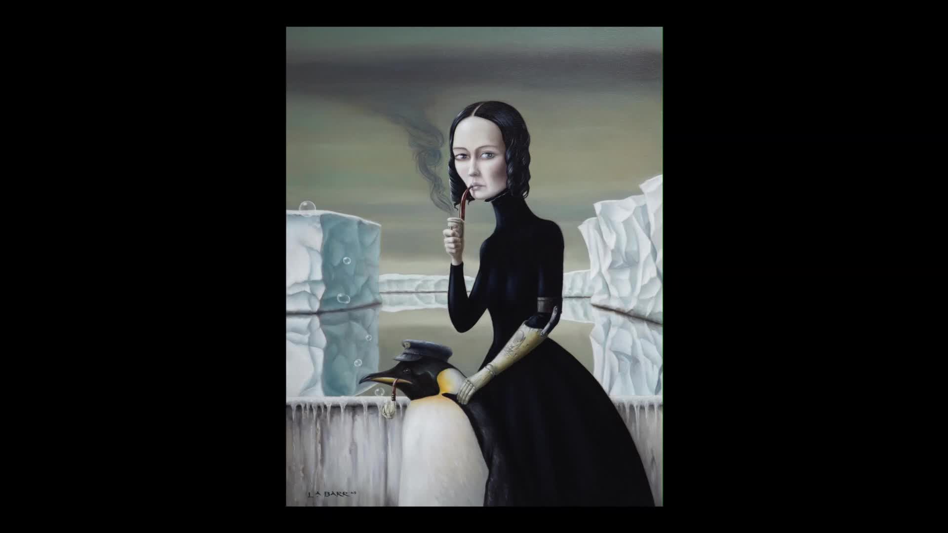 A woman in a black dress smokes a pipe, a wisp of smoke curling upwards. Beside her, a penguin wearing a small hat rests its flipper on her arm.