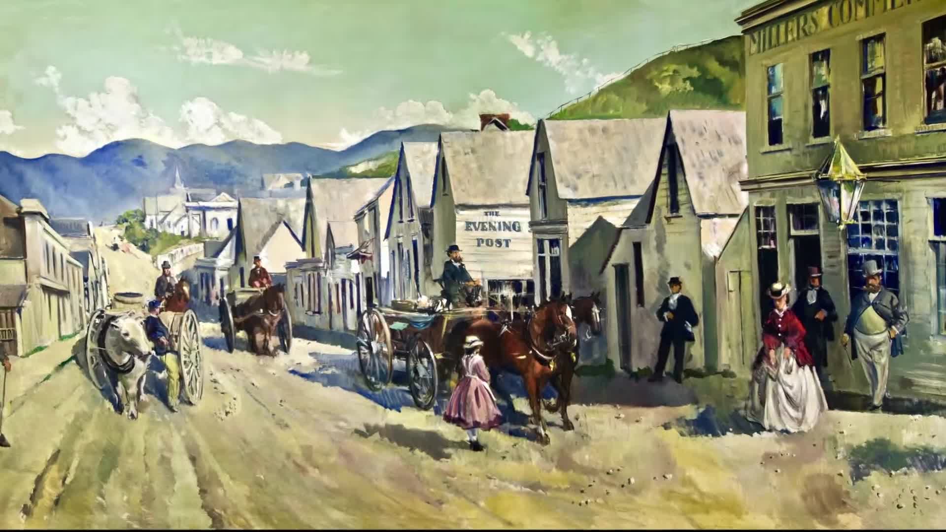 A horse-drawn cart rumbles down the street, its driver perched high. People in period dress stroll past shops, their silhouettes sharp against the buildings.