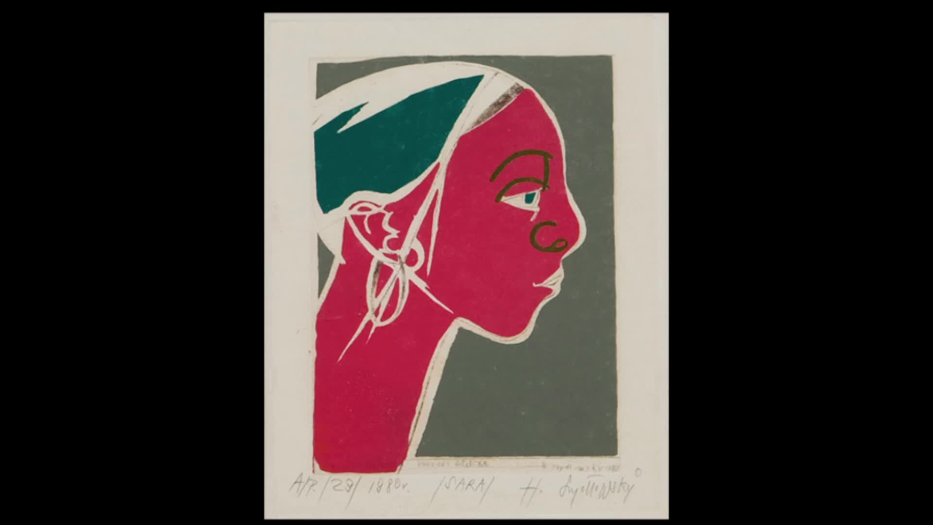 A vibrant pink profile of a woman's head, her dark green hair swept back, dominates the frame. Below, faint lettering hints at an artist's signature and a date, perhaps from a New Zealand exhibition.