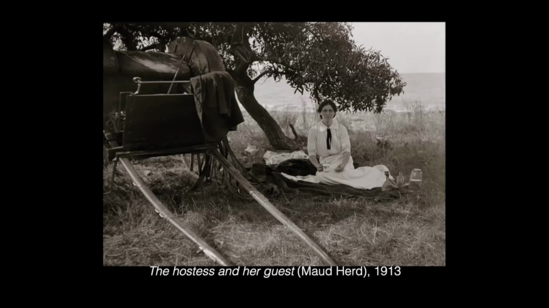 A woman in a white dress sits on a blanket under a tree, holding a cup. Beside her, a cart with a dark box and draped clothing rests on the grass.