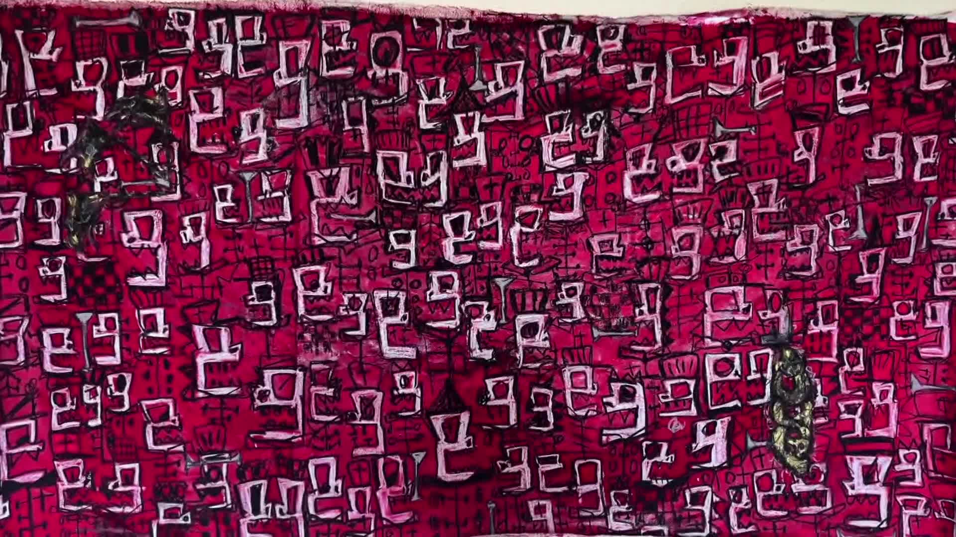 A dark, textured figure stands at the bottom right, its form almost blending into the chaotic, pink and white abstract patterns. To the left, a similar dark shape, perhaps a bird or a cluster of leaves, is caught in the swirling design.