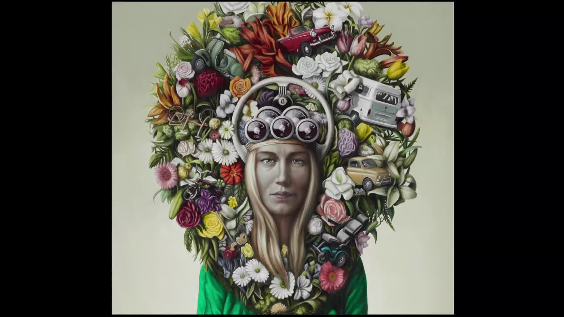 A woman, framed by a vibrant wreath of flowers and miniature vehicles, looks directly ahead. The steering wheel above her head, adorned with what appear to be car gauges, suggests a journey.